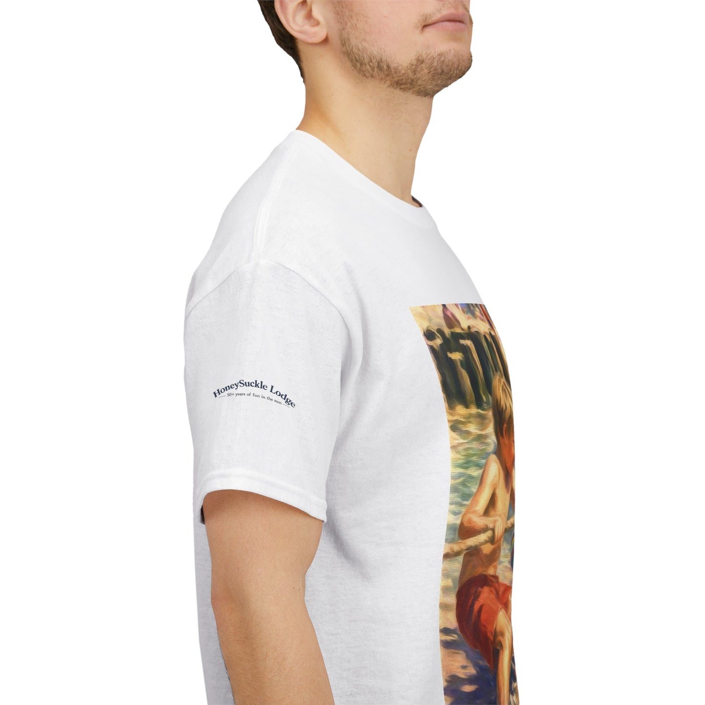Honeysuckle Lodge Vintage Beach Print tee shirt front/back ("Honeysuckle Lodge - 50+ years of fun in the sun")
