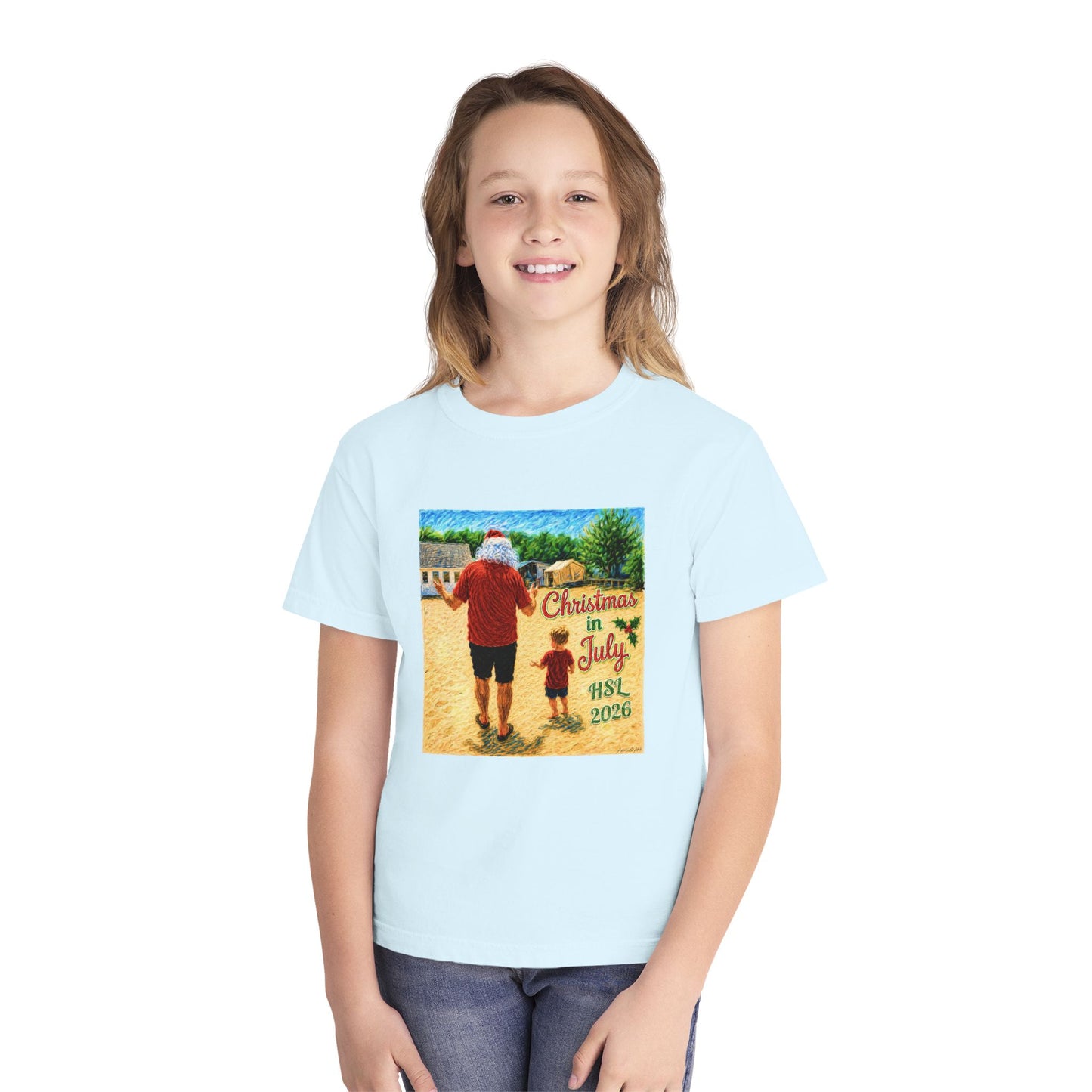 Dry-Blend Youth Tee — "Christmas in July" Beach Design 2026