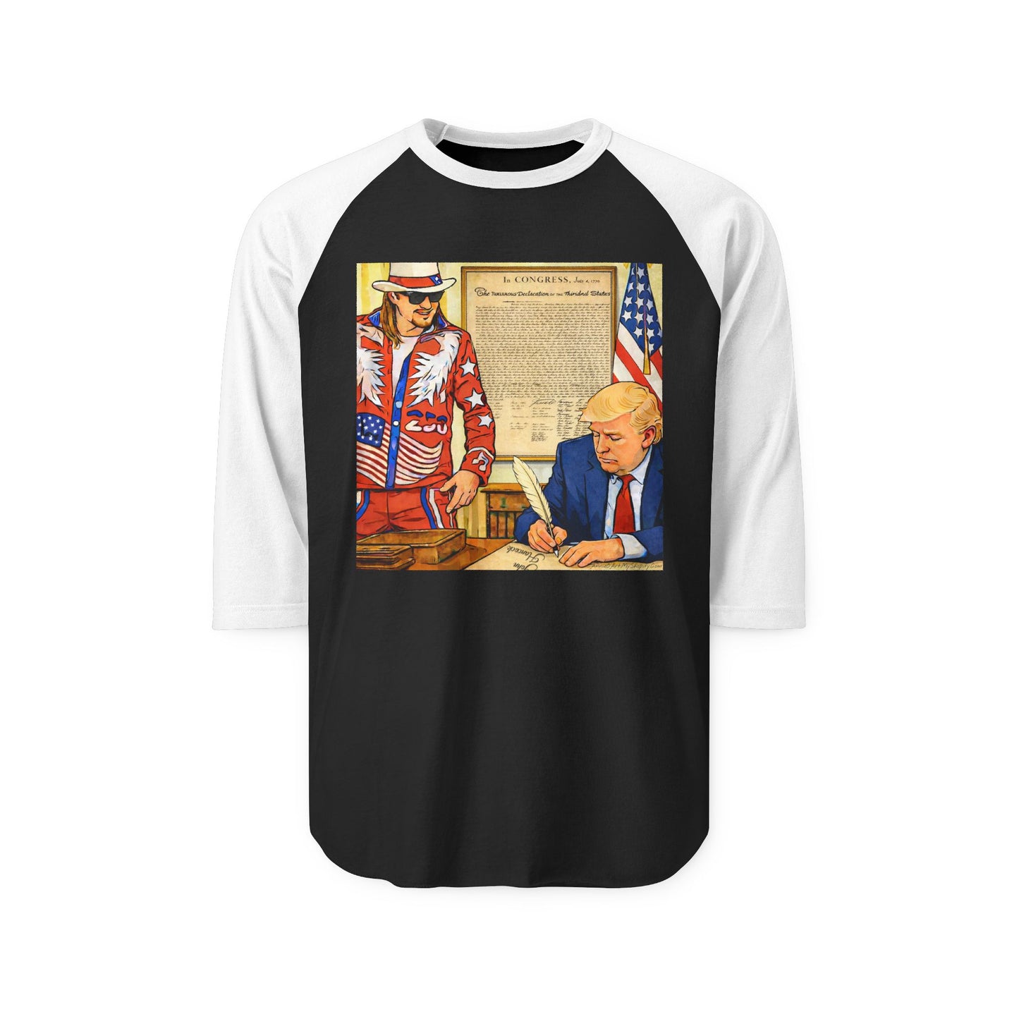250th Independence Patriotic Raglan Shirt — Vintage Americana Signing Graphic tee Trump & Kid Rock