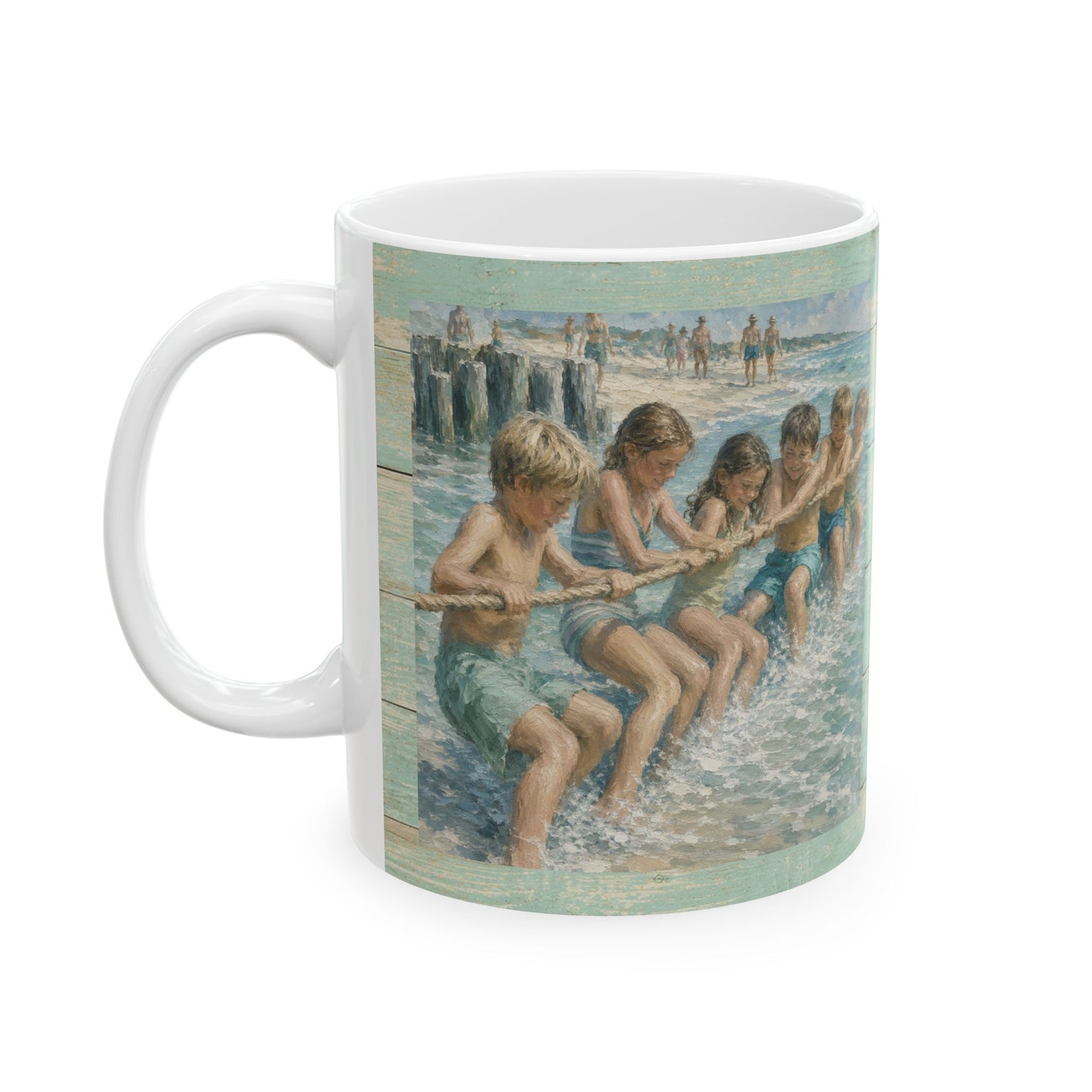 Beach Vintage-style Ceramic Mug – Tug-of-War by the Sea (11oz, 15oz)