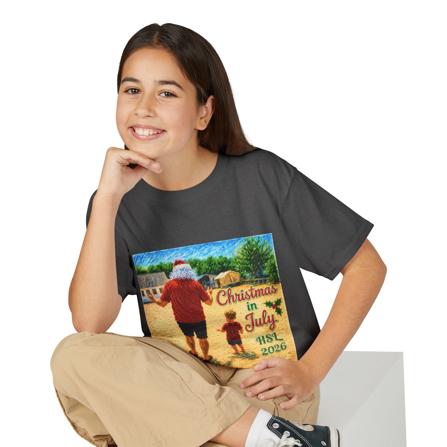Youth T-Shirt — "Christmas in July" Beach Santa Kids Tee (HSL 2026)
