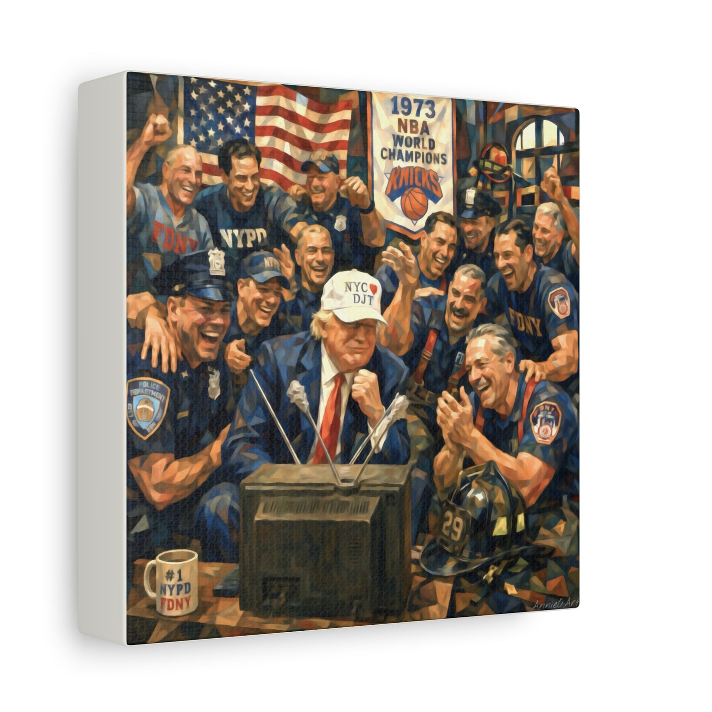 Trump Patriotic NYC Firefighters  Matte Stretched Canvas — Vintage NYPD Tribute Wall Art