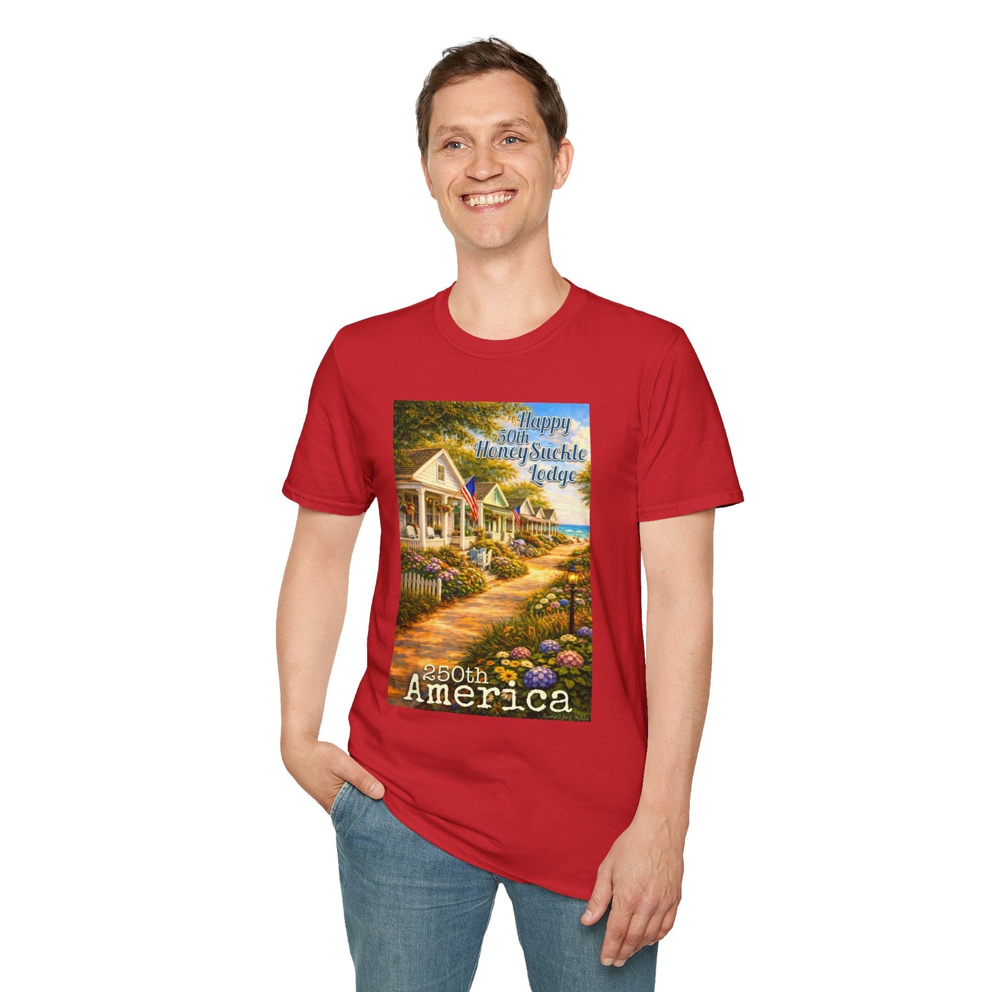 HoneySuckle Lodge 50th—America 250th Bungalow Path T-Shirt —Front & Back Design- Happy 250th Anniversary USA Patriotic Tee