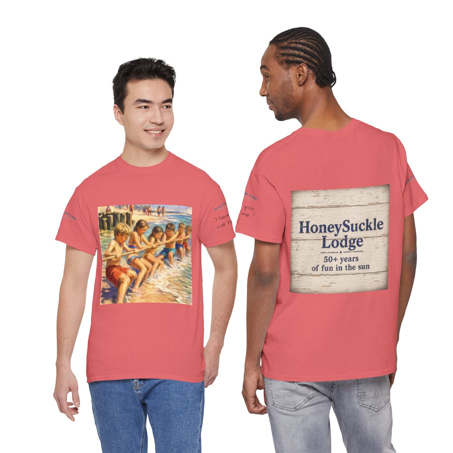 HoneySuckle Lodge Vintage Beach T-Shirt — "50+ years of fun in the sun" Retro Kids on Shore Design