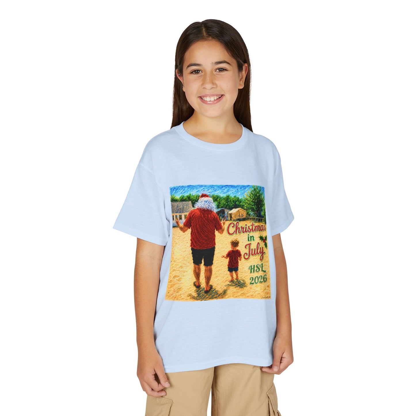 Youth T-Shirt — "Christmas in July" Beach Santa Kids Tee (HSL 2026)