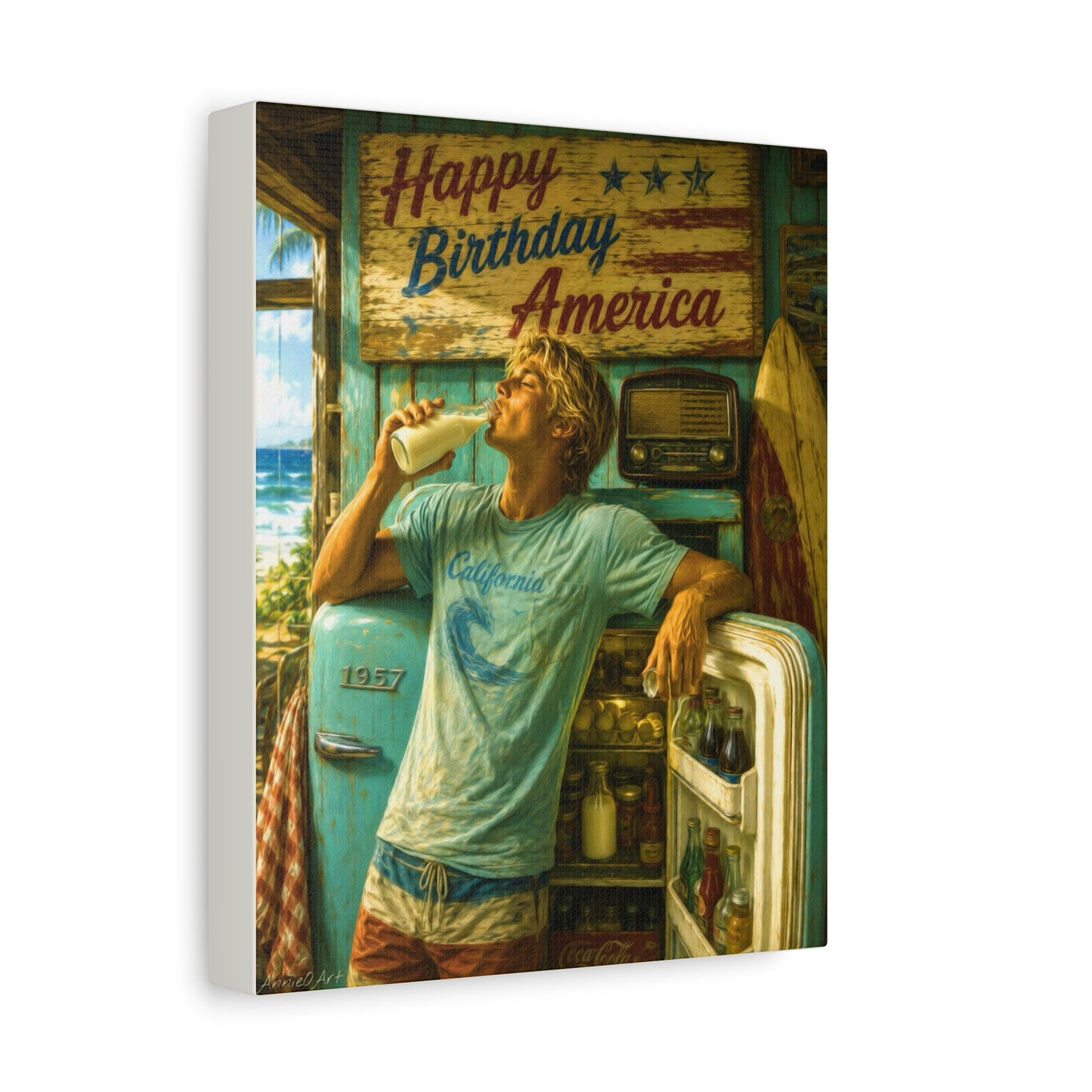 Happy Birthday America Canvas Wall Art — Retro Beach Guy Patriotic Home Decor