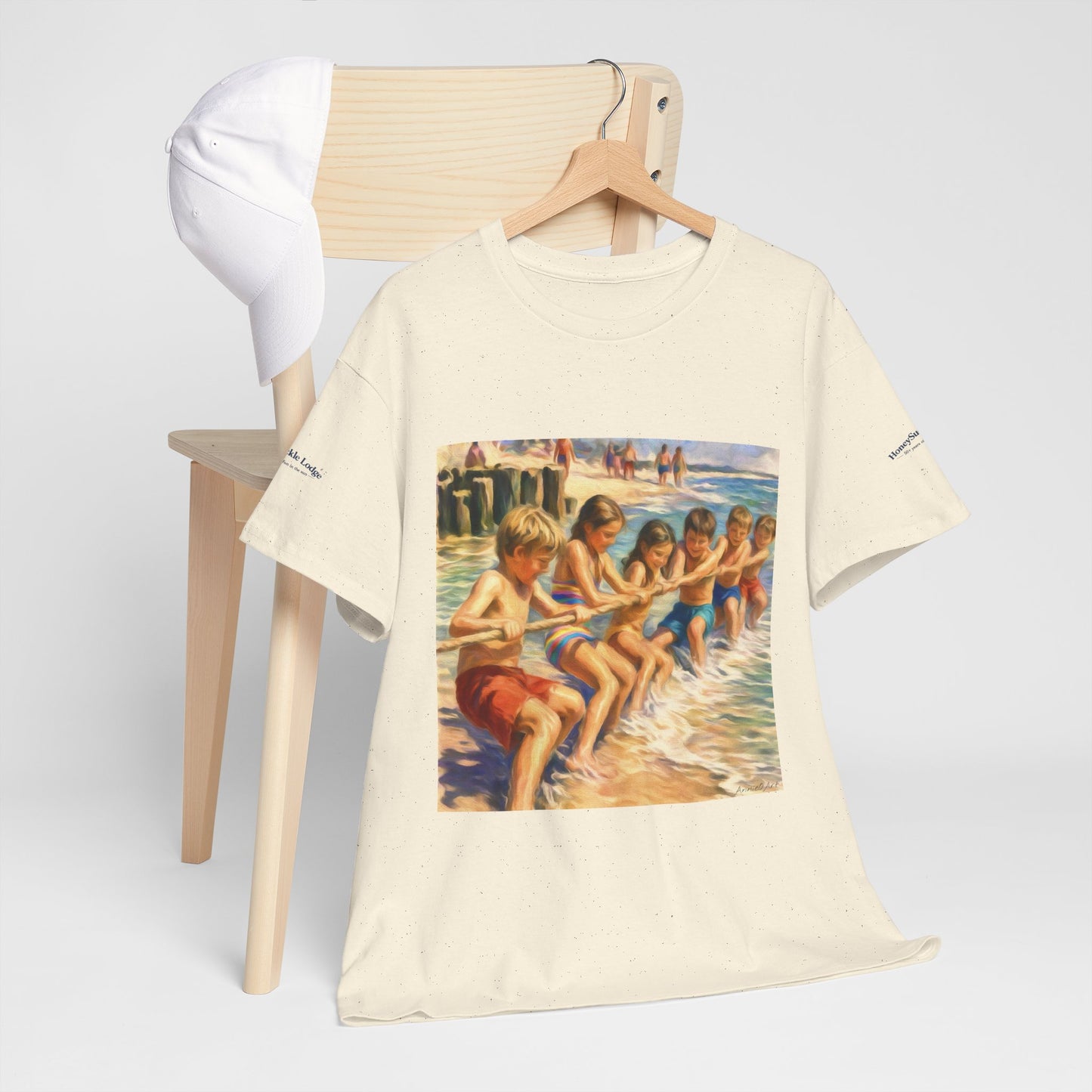 Honeysuckle Lodge Vintage Beach Print tee shirt front/back ("Honeysuckle Lodge - 50+ years of fun in the sun")