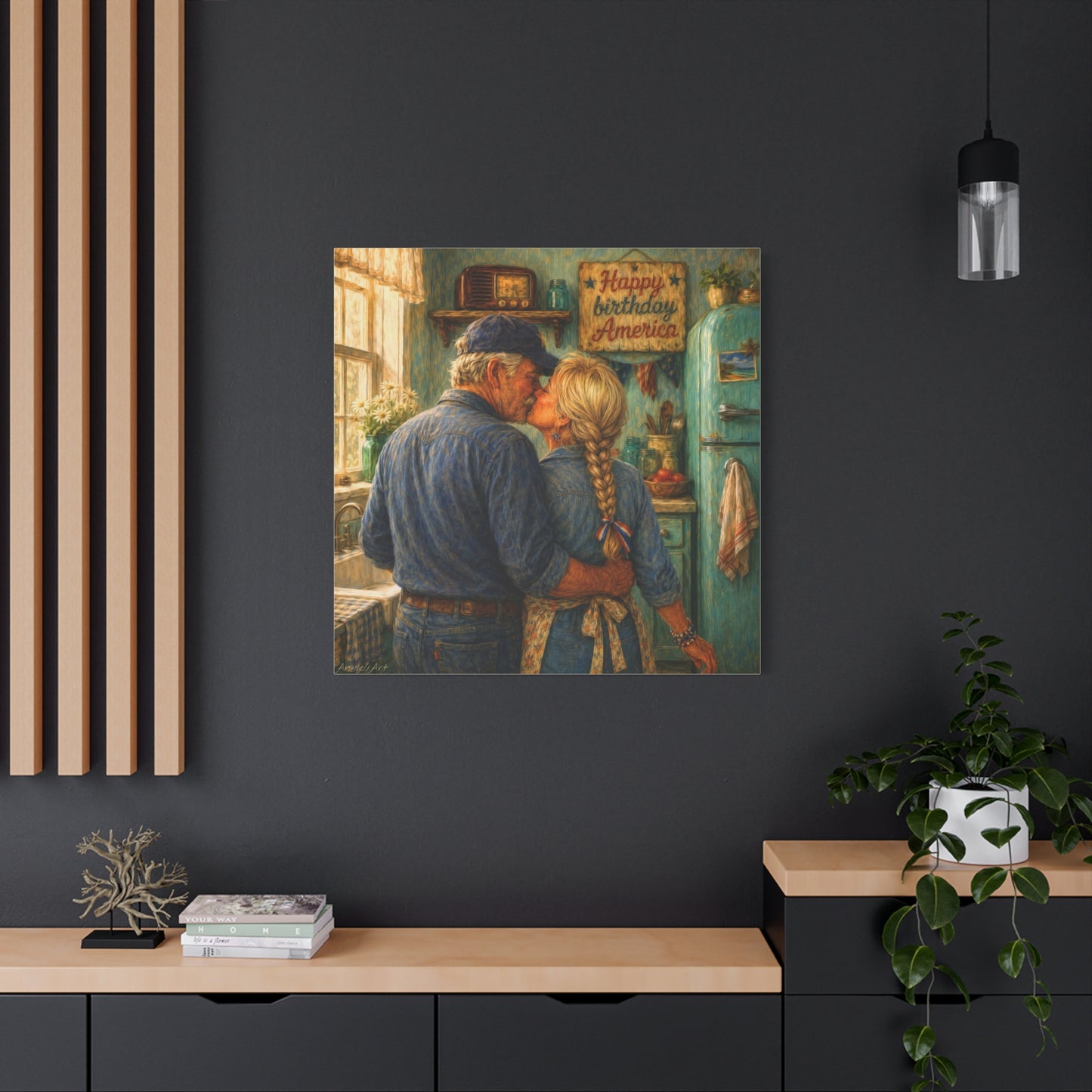 Patriotic Kitchen Romance Canvas Wall Art — "Happy Birthday America" Stretched Matte Print