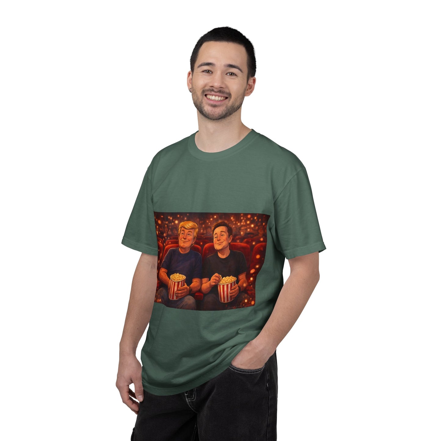 Trump & Elon—Movie Night Popcorn Tee — Cozy Cinematic Graphic T-Shirt