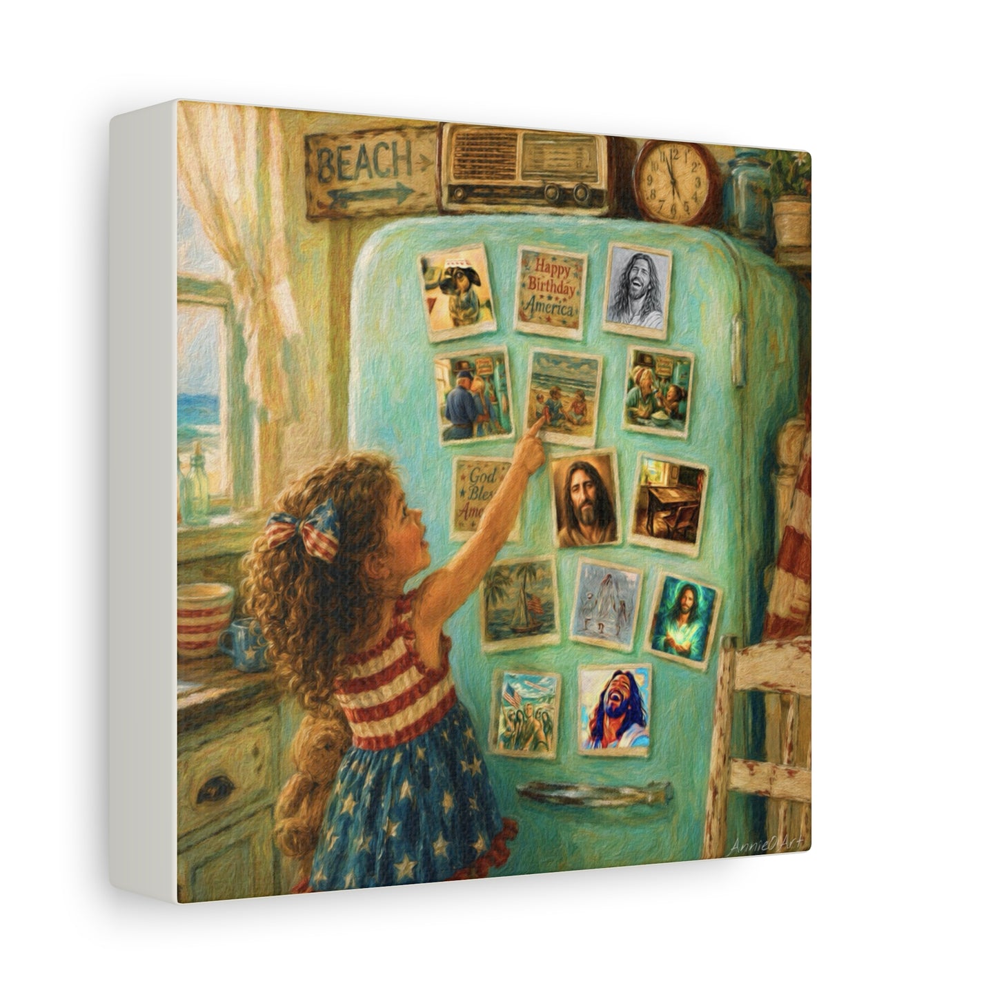 Americana Canvas Wall Art — Little Girl Pointing at Magnets on Vintage Fridge (Matte Stretched)