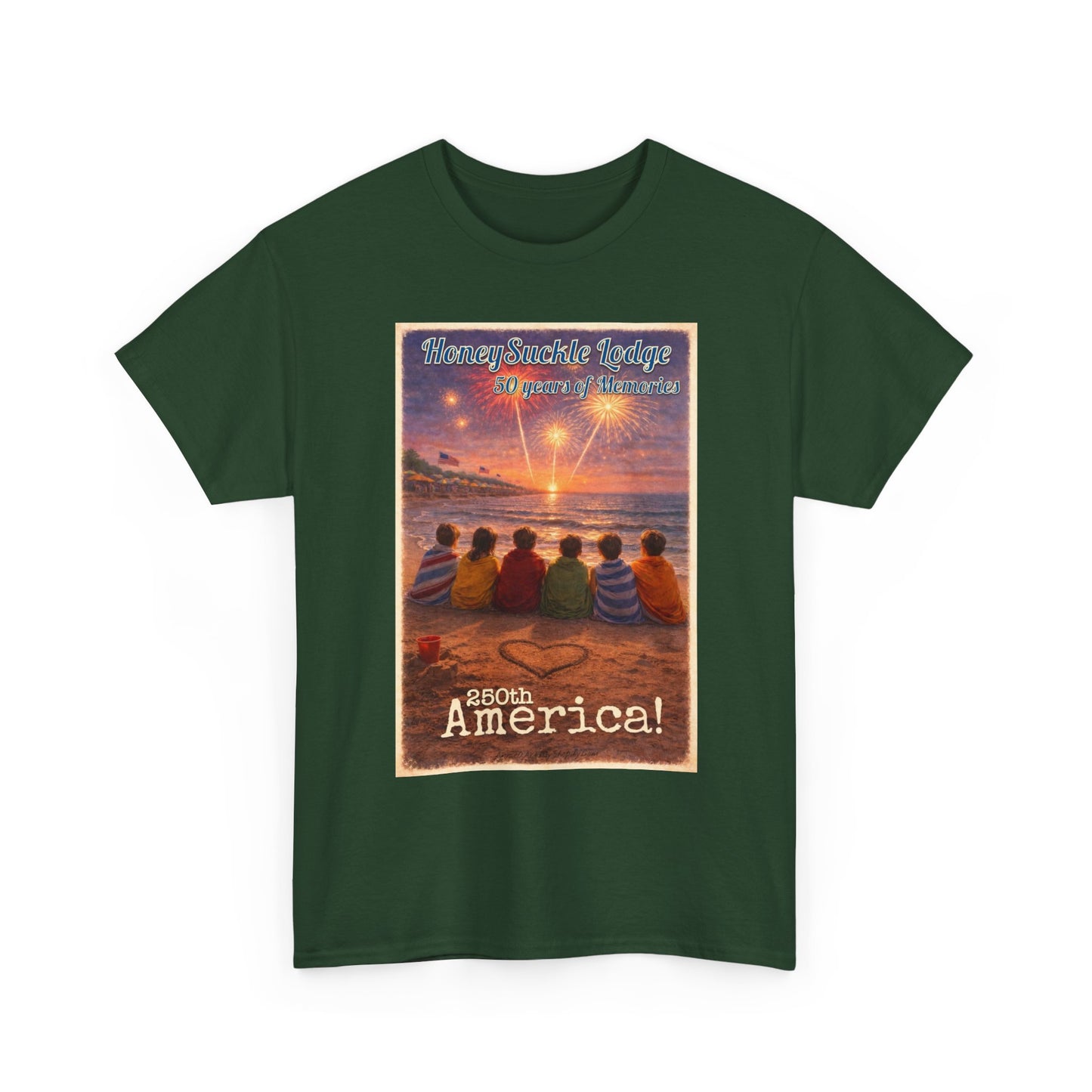 HoneySuckle Lodge 50th—Patriotic Sunset Beach T‑Shirt – 'God Bless America' Vintage Kids Watching Fireworks