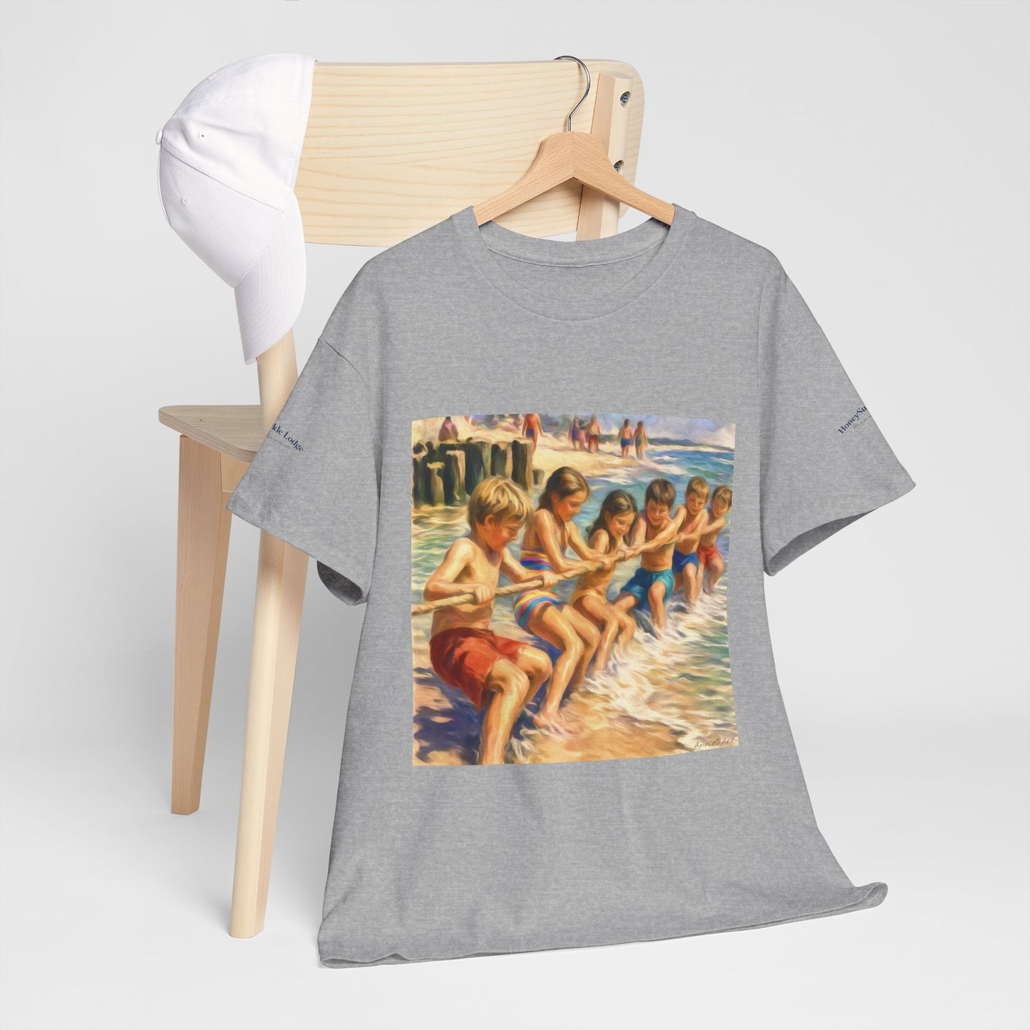 Honeysuckle Lodge Vintage Beach Print tee shirt front/back ("Honeysuckle Lodge - 50+ years of fun in the sun")