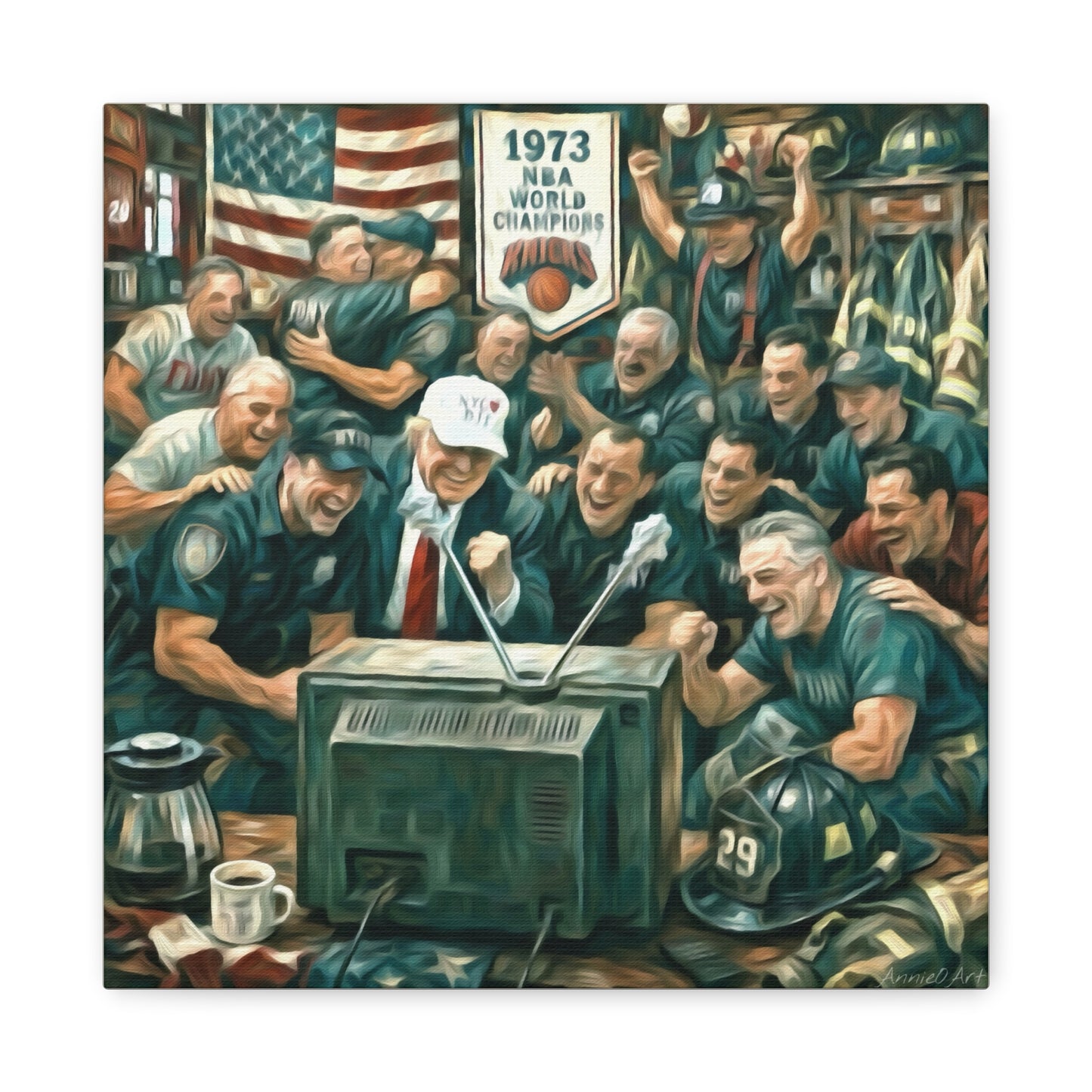 Trump Watching Knicks Game w/ FDNY &NYPD (Knicks 1973 Banner)