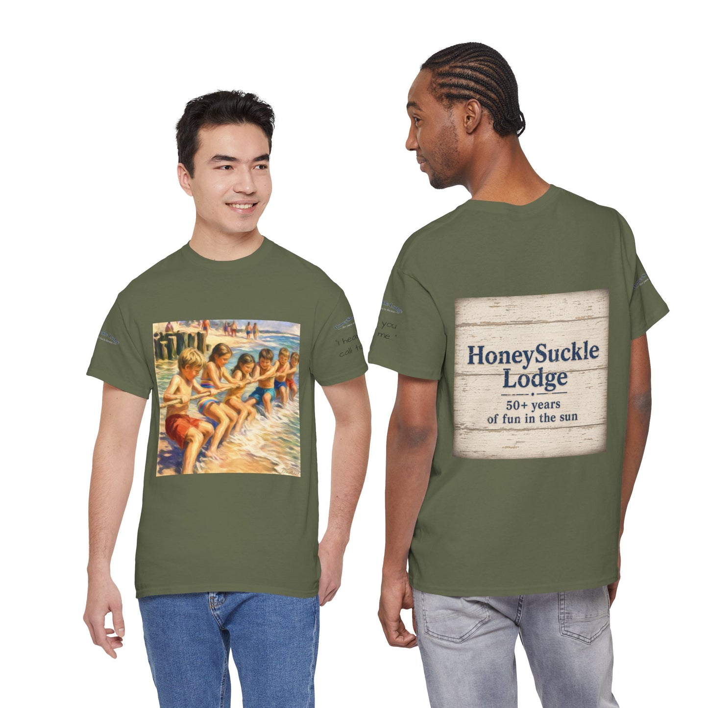HoneySuckle Lodge Vintage Beach T-Shirt — "50+ years of fun in the sun" Retro Kids on Shore Design