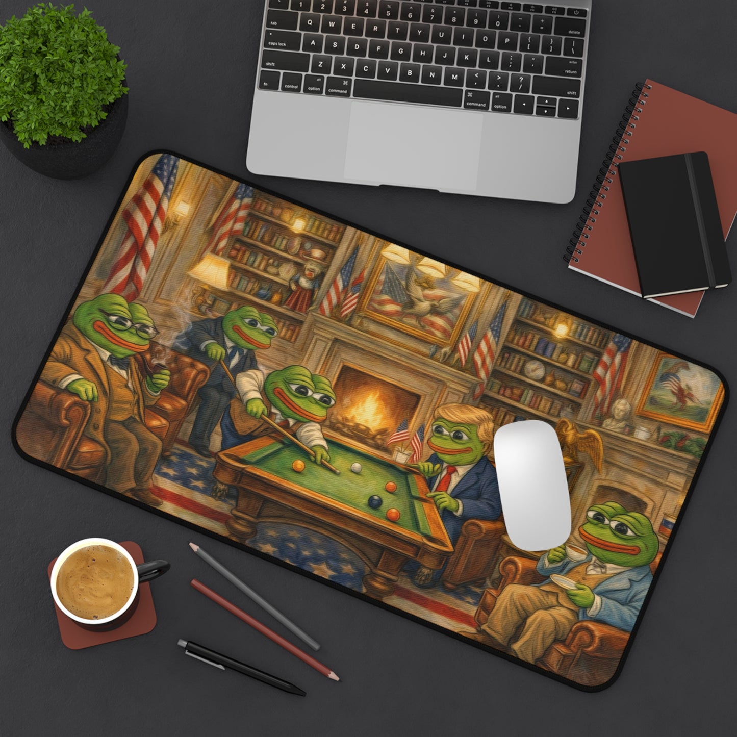 Desk Mat — Patriotic Pepe Frog & Trump playing pool,Gaming/Office Desk Mat with 'Pepe' Club Portrait