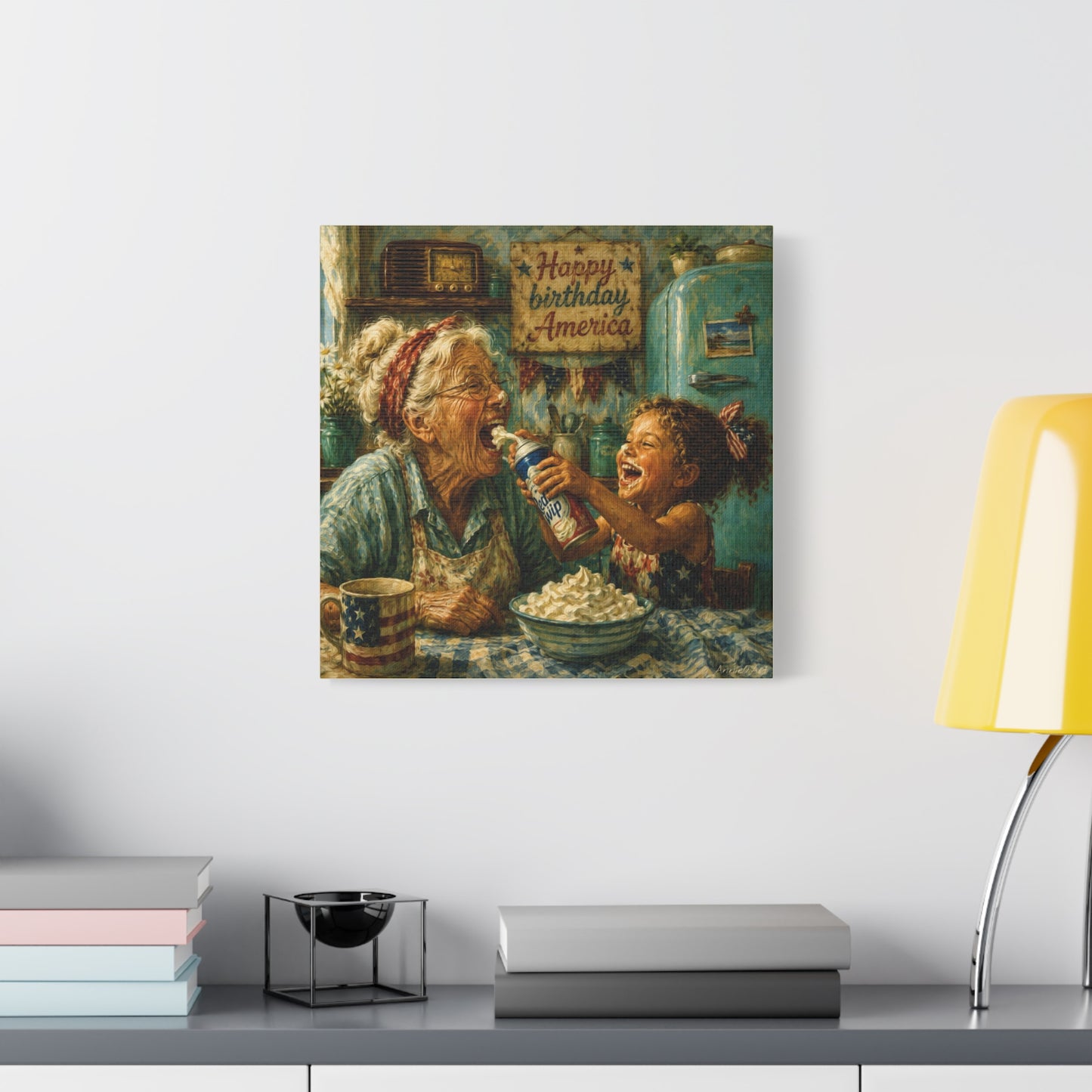 Happy Birthday America Canvas — Patriotic Grandma & Granddaughter Kitchen Wall Art