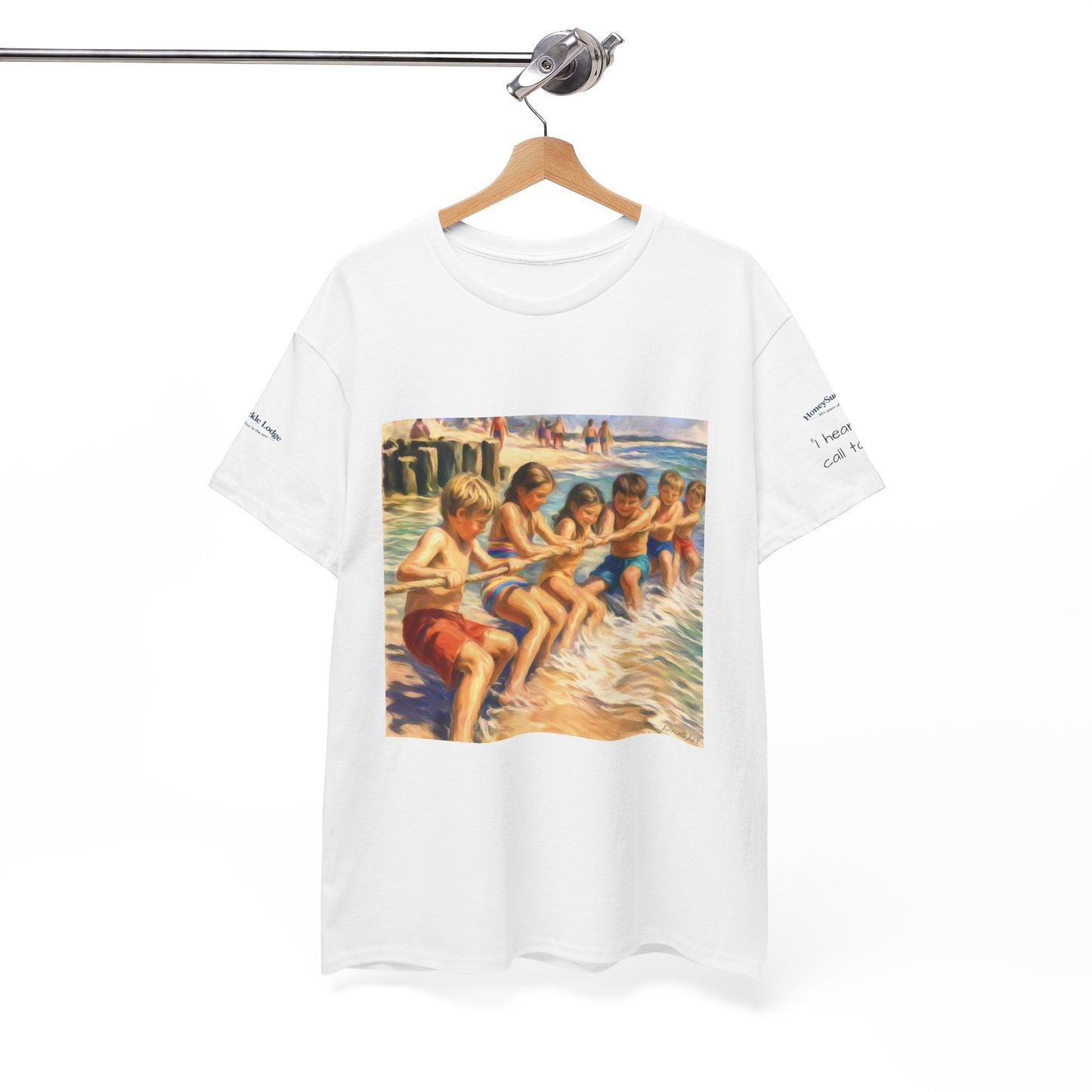 HoneySuckle Lodge Vintage Beach T-Shirt — "50+ years of fun in the sun" Retro Kids on Shore Design