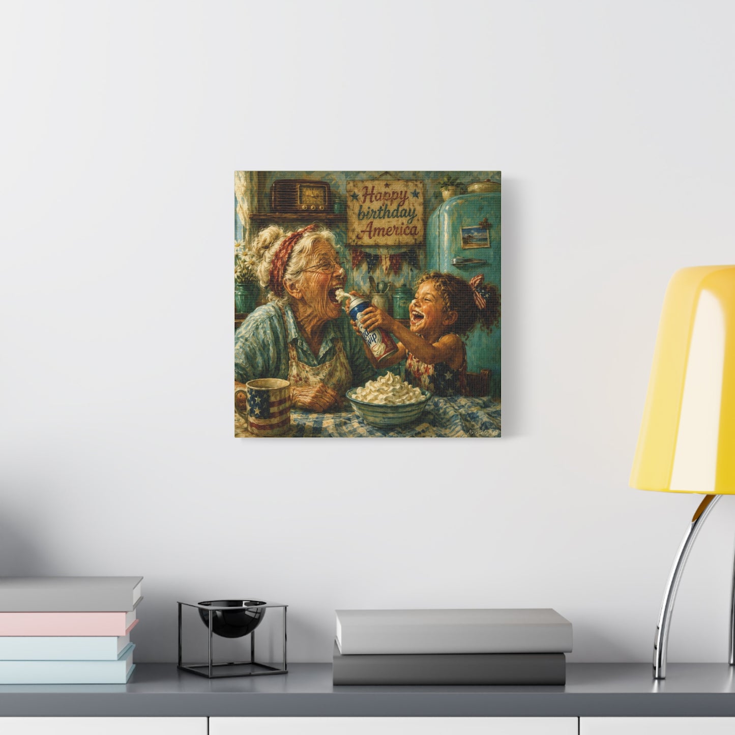 Happy Birthday America Canvas — Patriotic Grandma & Granddaughter Kitchen Wall Art