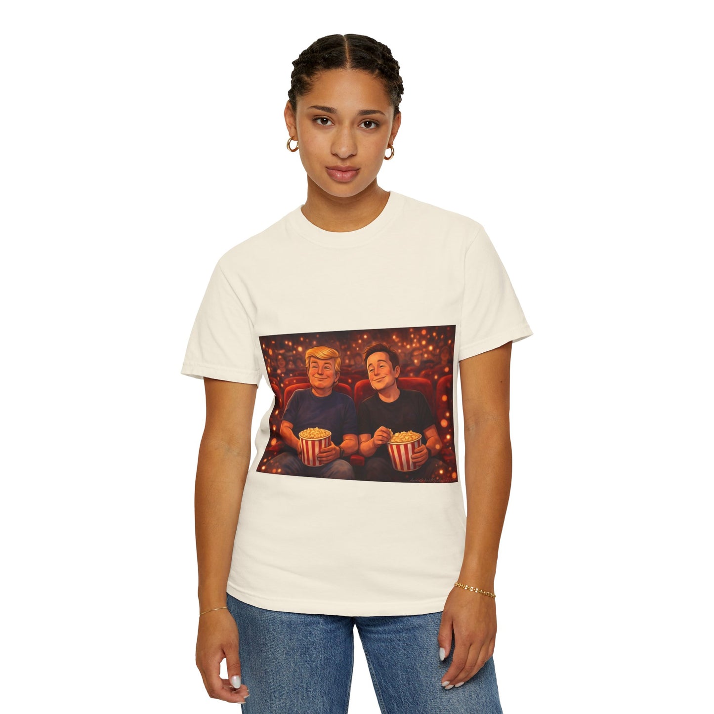Trump & Elon—Movie Night Popcorn Tee — Cozy Cinematic Graphic T-Shirt