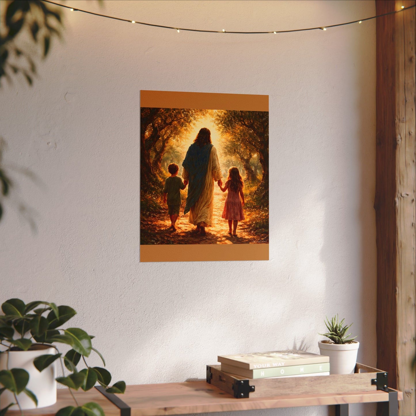 Jesus Walking with Children Watercolor Poster — Textured Matte Wall Art
