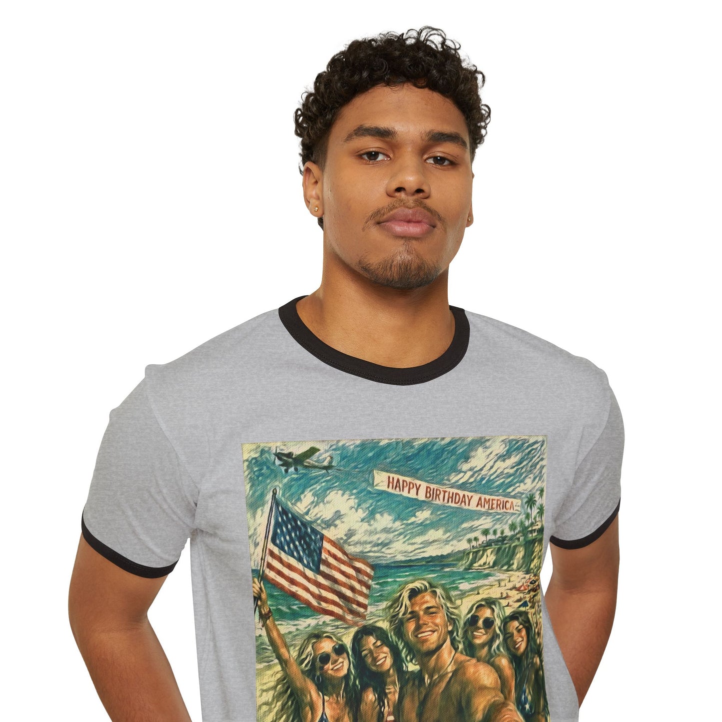 Patriotic "Happy Birthday America"—Front & Back Design Ringer T-Shirt
