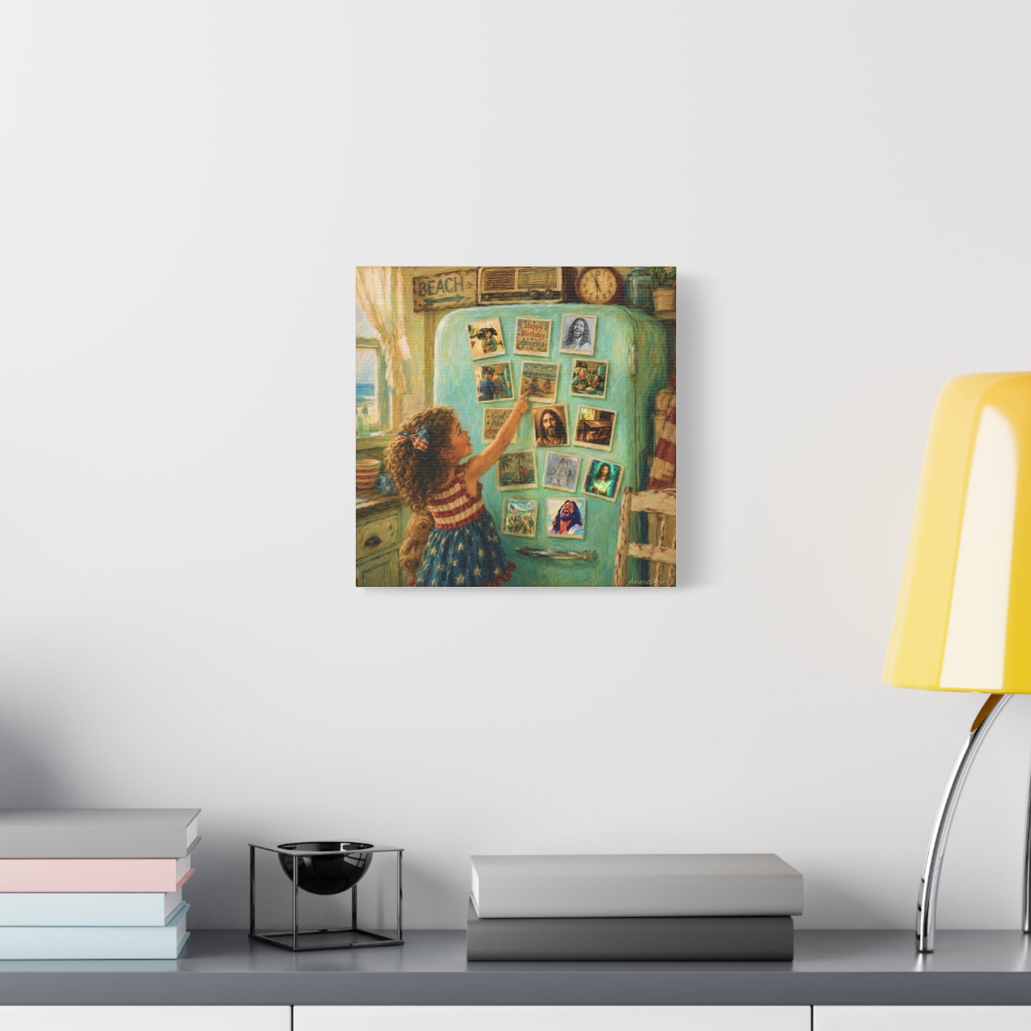 Americana Canvas Wall Art — Little Girl Pointing at Magnets on Vintage Fridge (Matte Stretched)