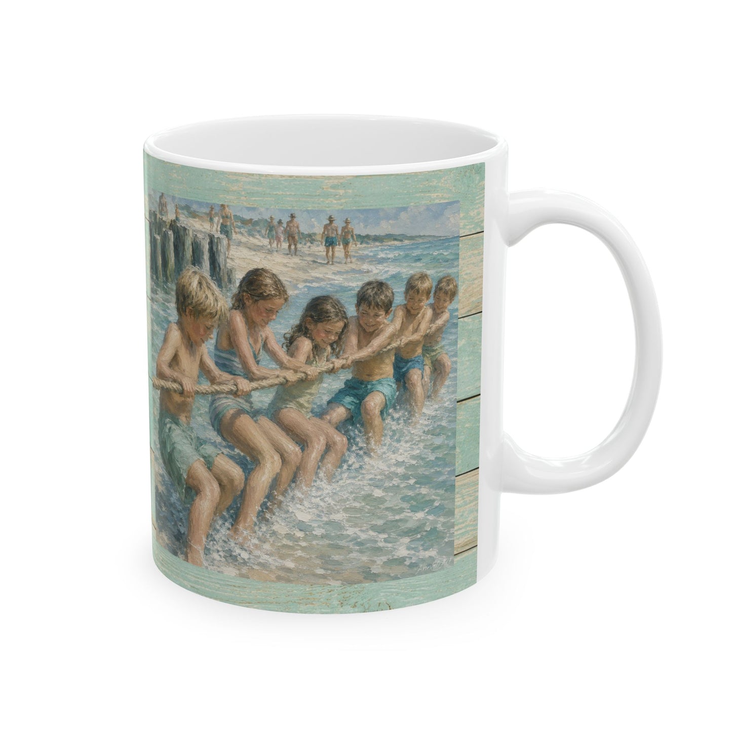 Beach Vintage-style Ceramic Mug – Tug-of-War by the Sea (11oz, 15oz)