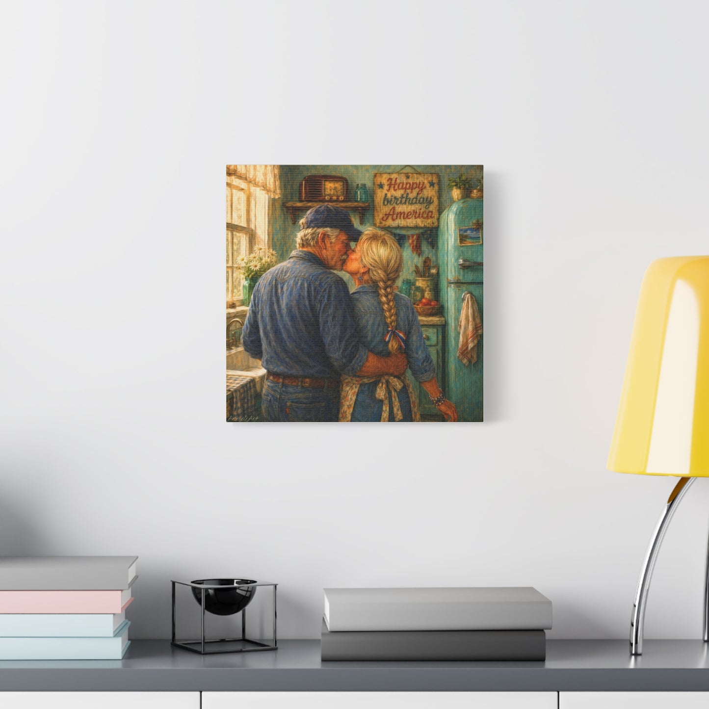 Patriotic Country Kitchen Canvas - "Happy Birthday America" Rustic Couple Wall Art