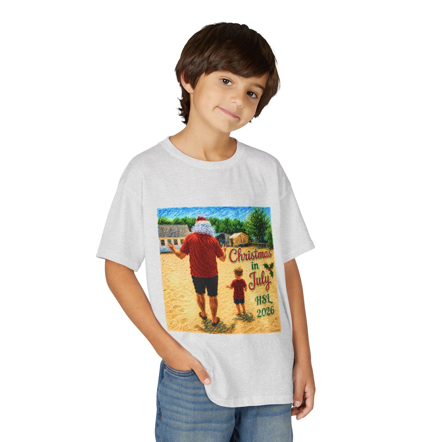Youth T-Shirt — "Christmas in July" Beach Santa Kids Tee (HSL 2026)