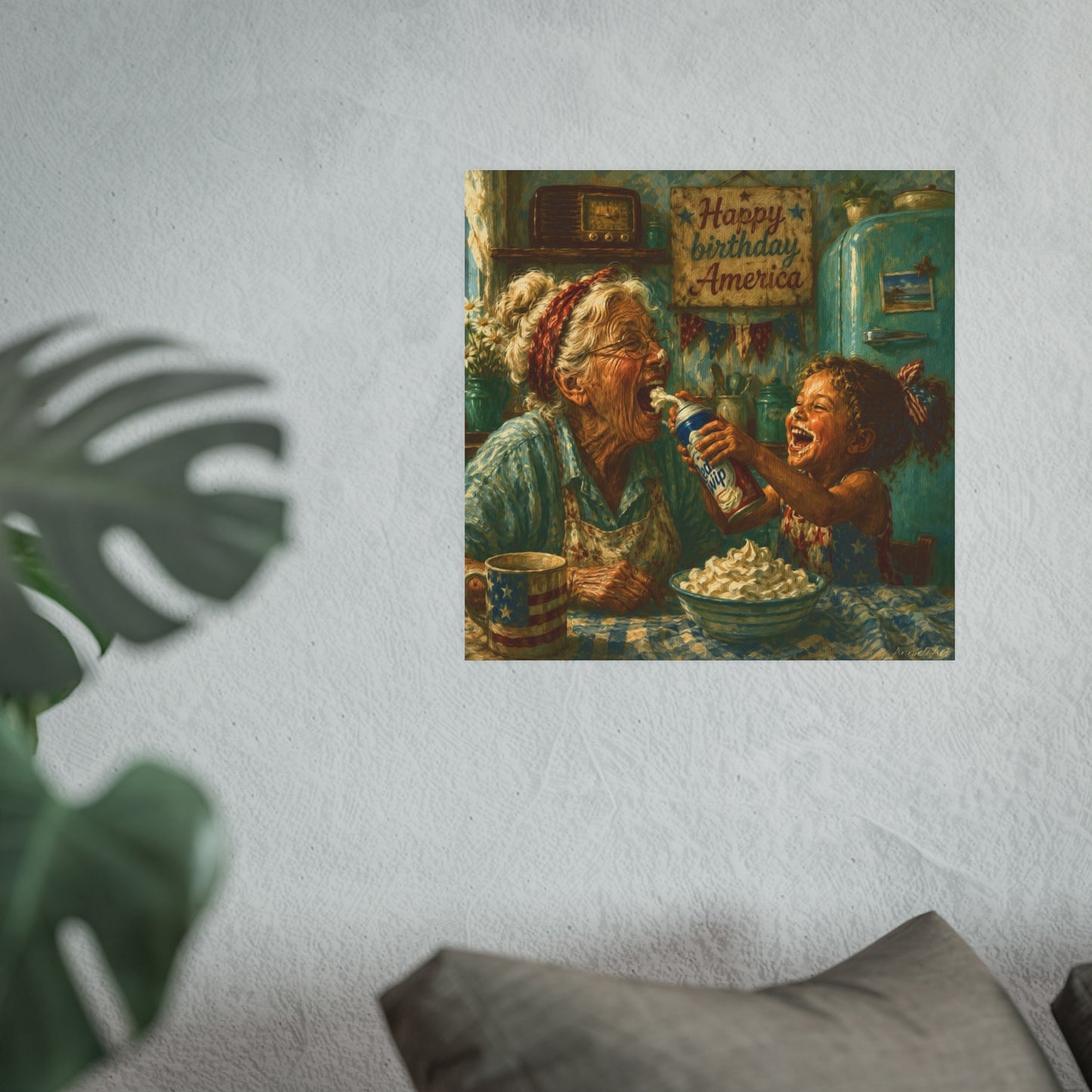 Happy Birthday America Poster — Vintage Grandma & Child Kitchen Art (Satin/Matte)