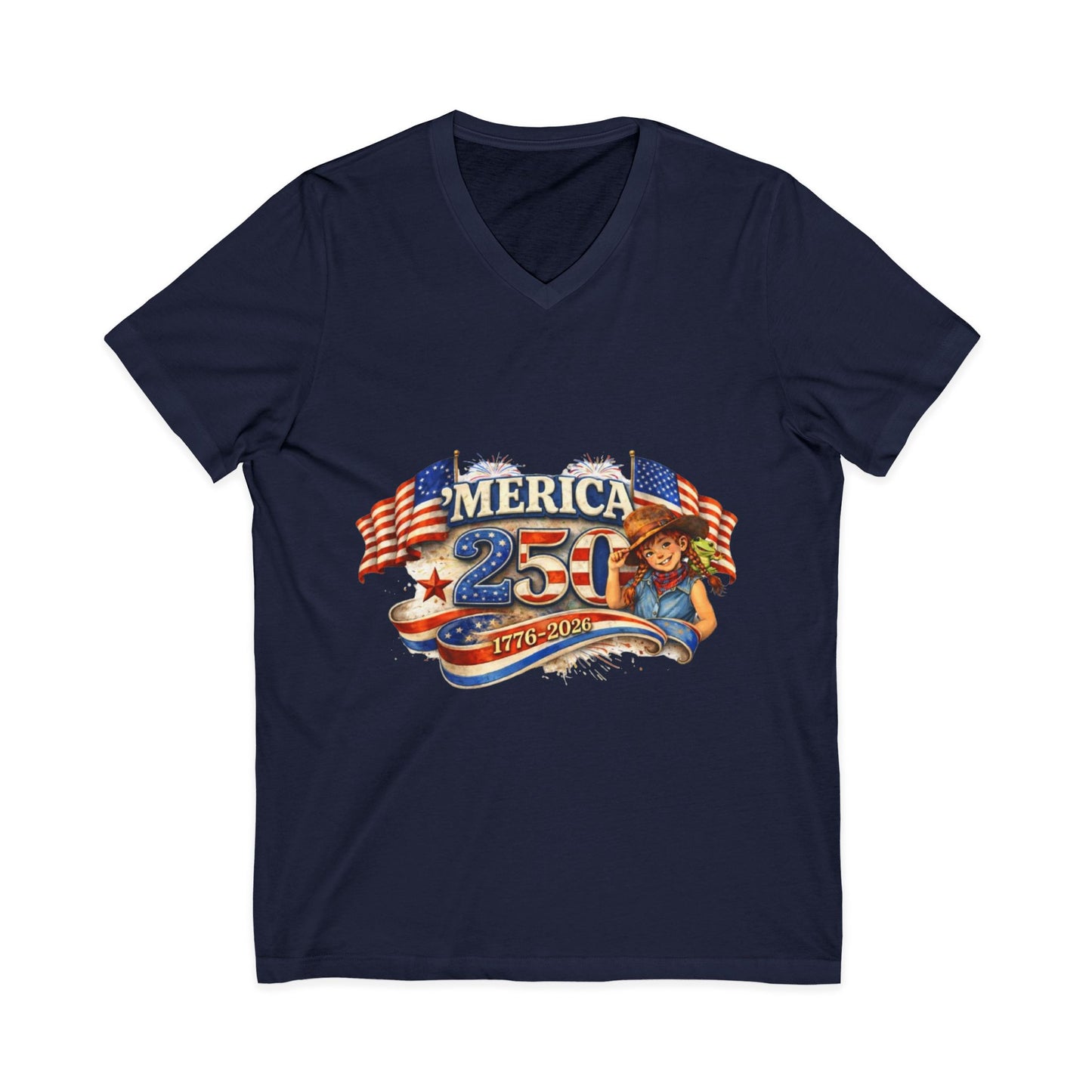 250th America Patriotic V-Neck Tee — 1776–2026 Anniversary Flag Design