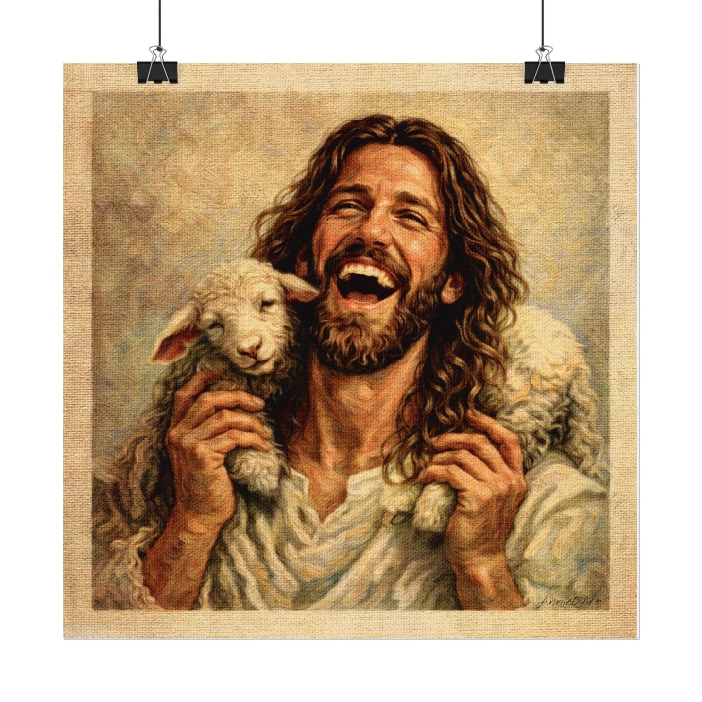 Jesus—Joyful Shepherd Lost Sheep Is Found Art Poster — Textured Watercolor Matte Christian Wall Art
