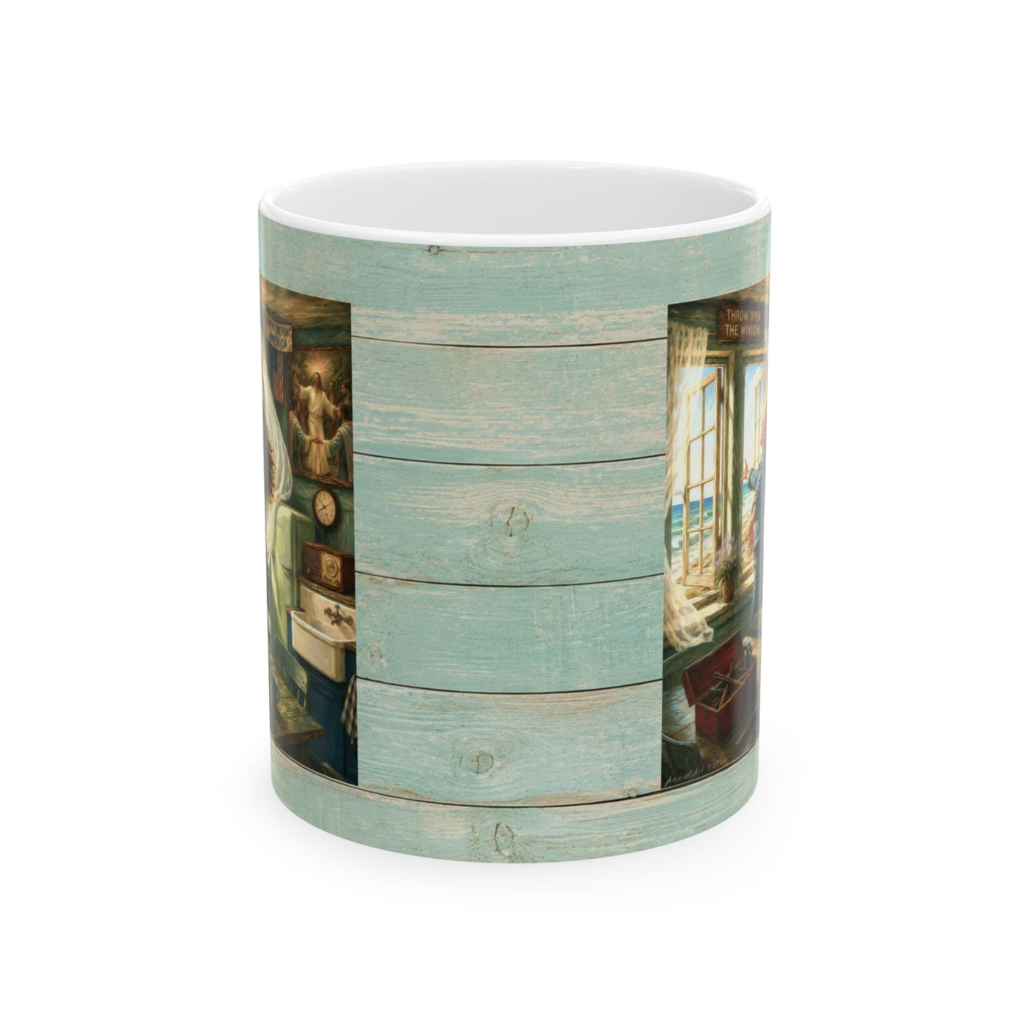 Coastal Vintage Beach Cottage Ceramic Mug — Seaside Window & Shells Design (11oz/15oz)