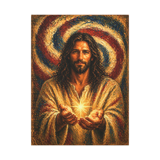 Radiant Jesus Holding Light, Heavy Oil Paint Strokes Look—Matte Stretched Canvas— Canvas Wall Art