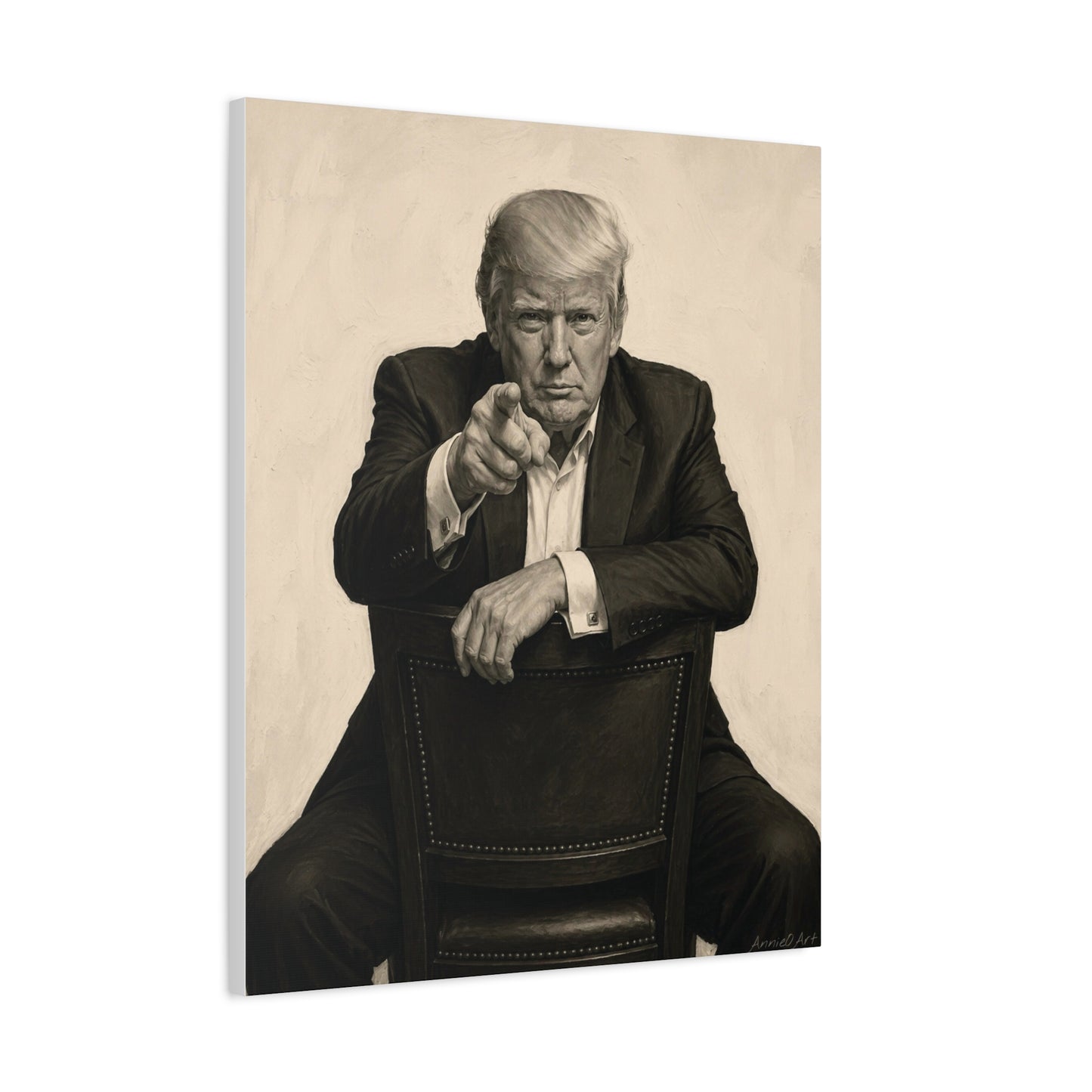 Trump Pointing Portrait Matte Canvas Print — Vintage-Style Seated Figure Wall Art