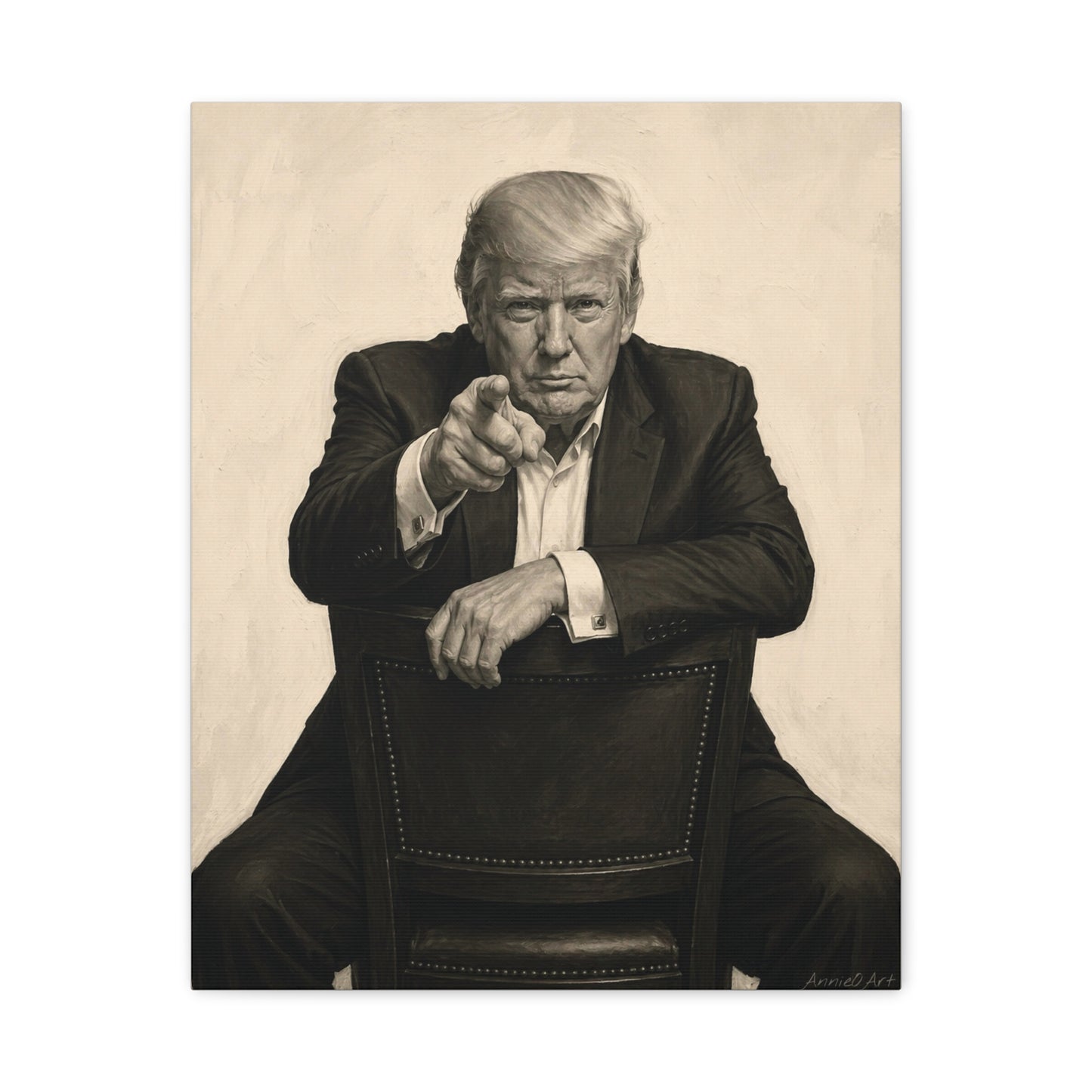 Trump Pointing Portrait Matte Canvas Print — Vintage-Style Seated Figure Wall Art