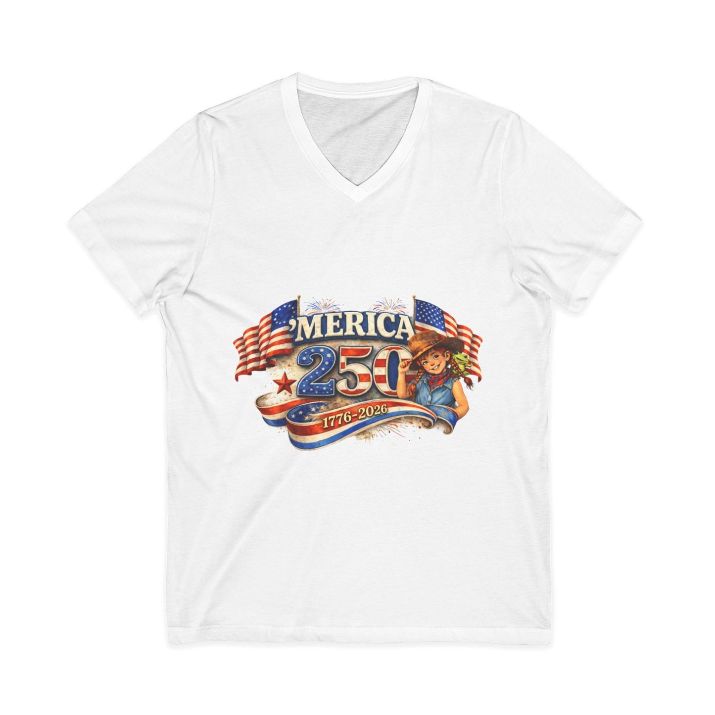 250th America Patriotic V-Neck Tee — 1776–2026 Anniversary Flag Design