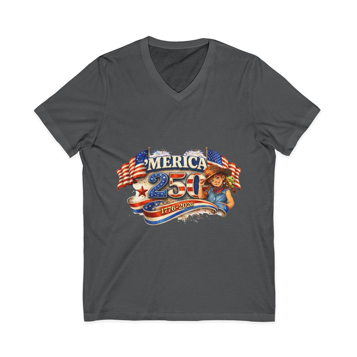 250th America Patriotic V-Neck Tee — 1776–2026 Anniversary Flag Design