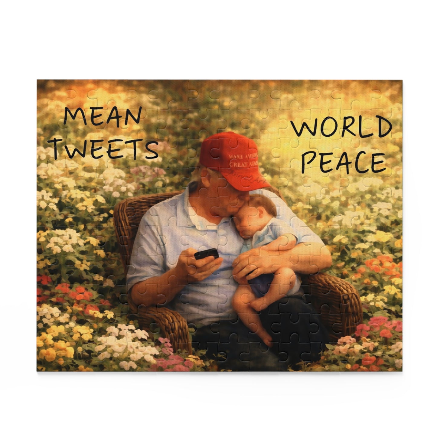 Trump Puzzle — 'Mean Tweets, World Peace' Grandpa & Baby 120/252/500-Piece Jigsaw
