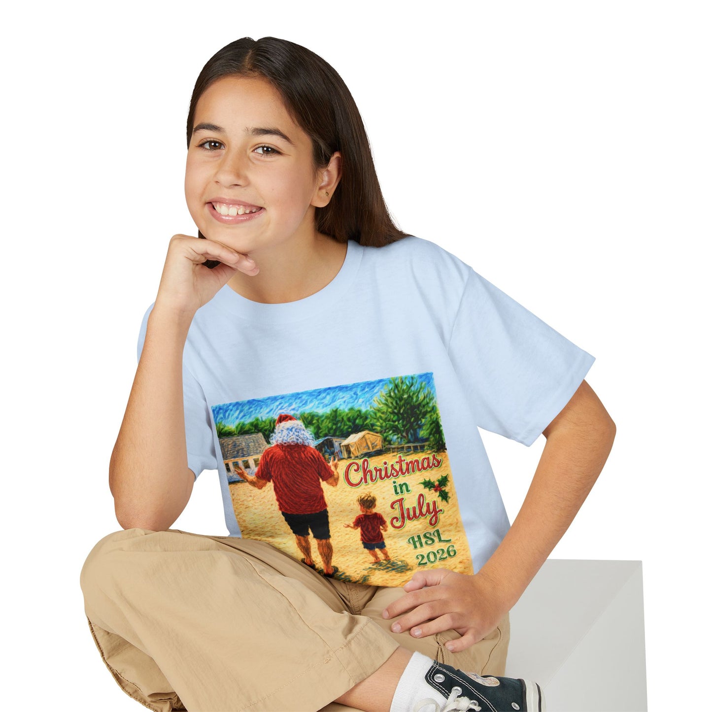 Youth T-Shirt — "Christmas in July" Beach Santa Kids Tee (HSL 2026)