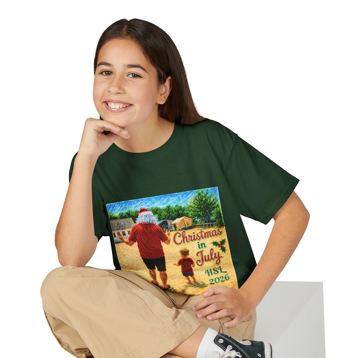 Youth T-Shirt — "Christmas in July" Beach Santa Kids Tee (HSL 2026)