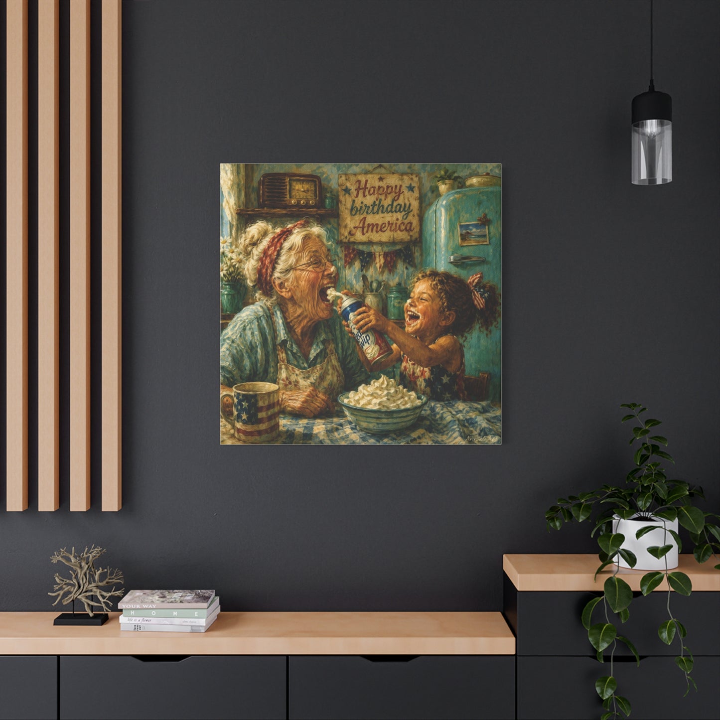 Happy Birthday America Canvas — Patriotic Grandma & Granddaughter Kitchen Wall Art