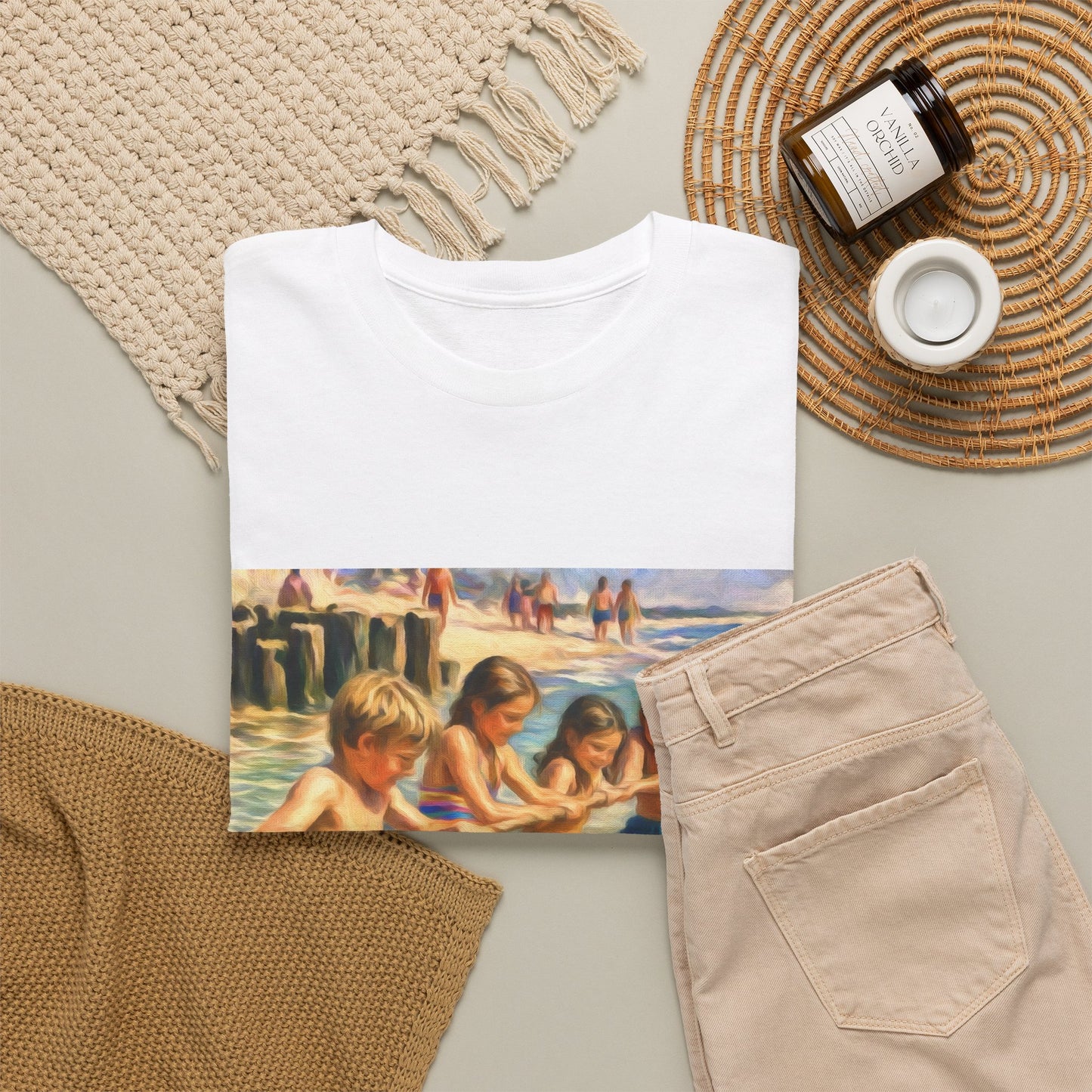 Honeysuckle Lodge Vintage Beach Print tee shirt front/back ("Honeysuckle Lodge - 50+ years of fun in the sun")