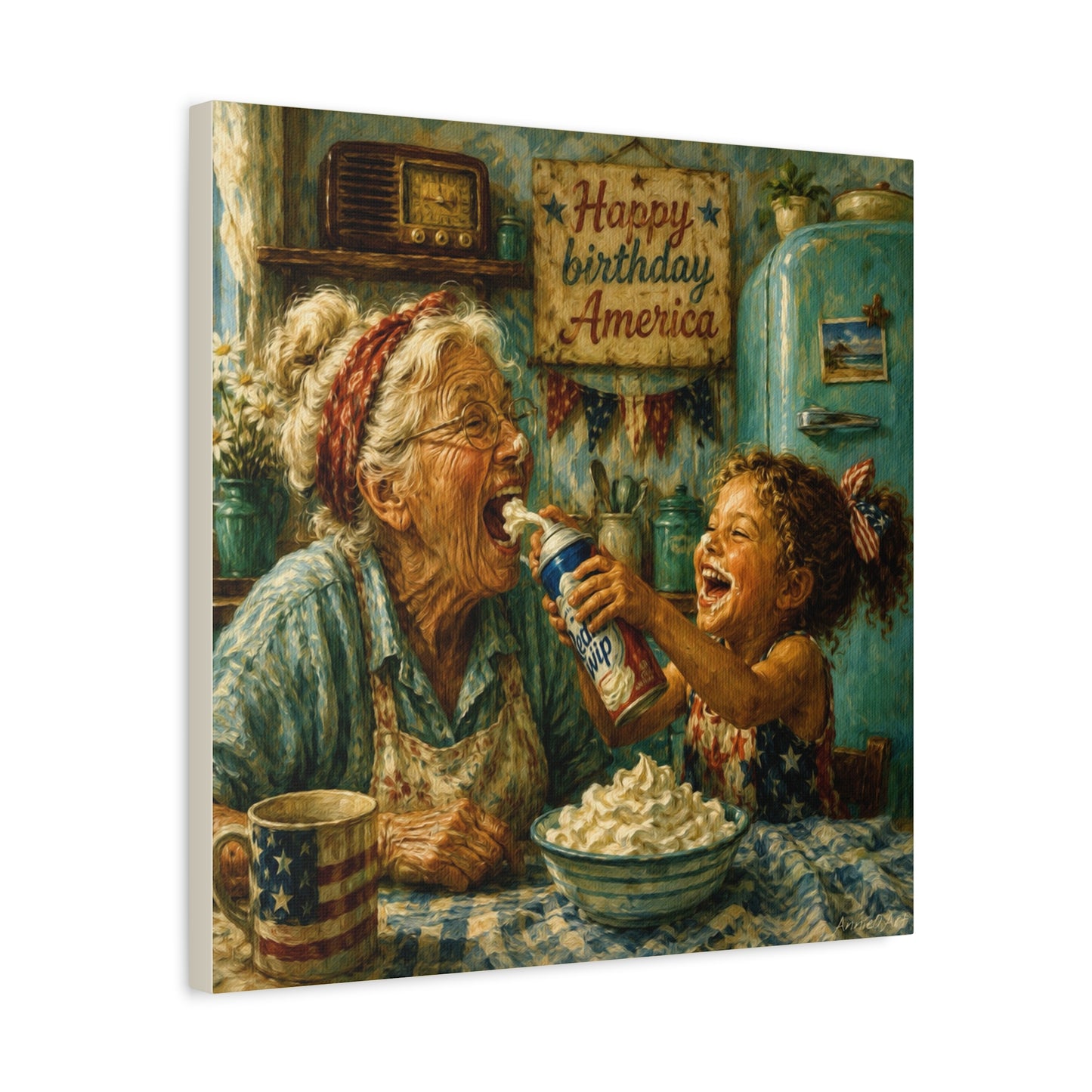 Happy Birthday America Canvas — Patriotic Grandma & Granddaughter Kitchen Wall Art
