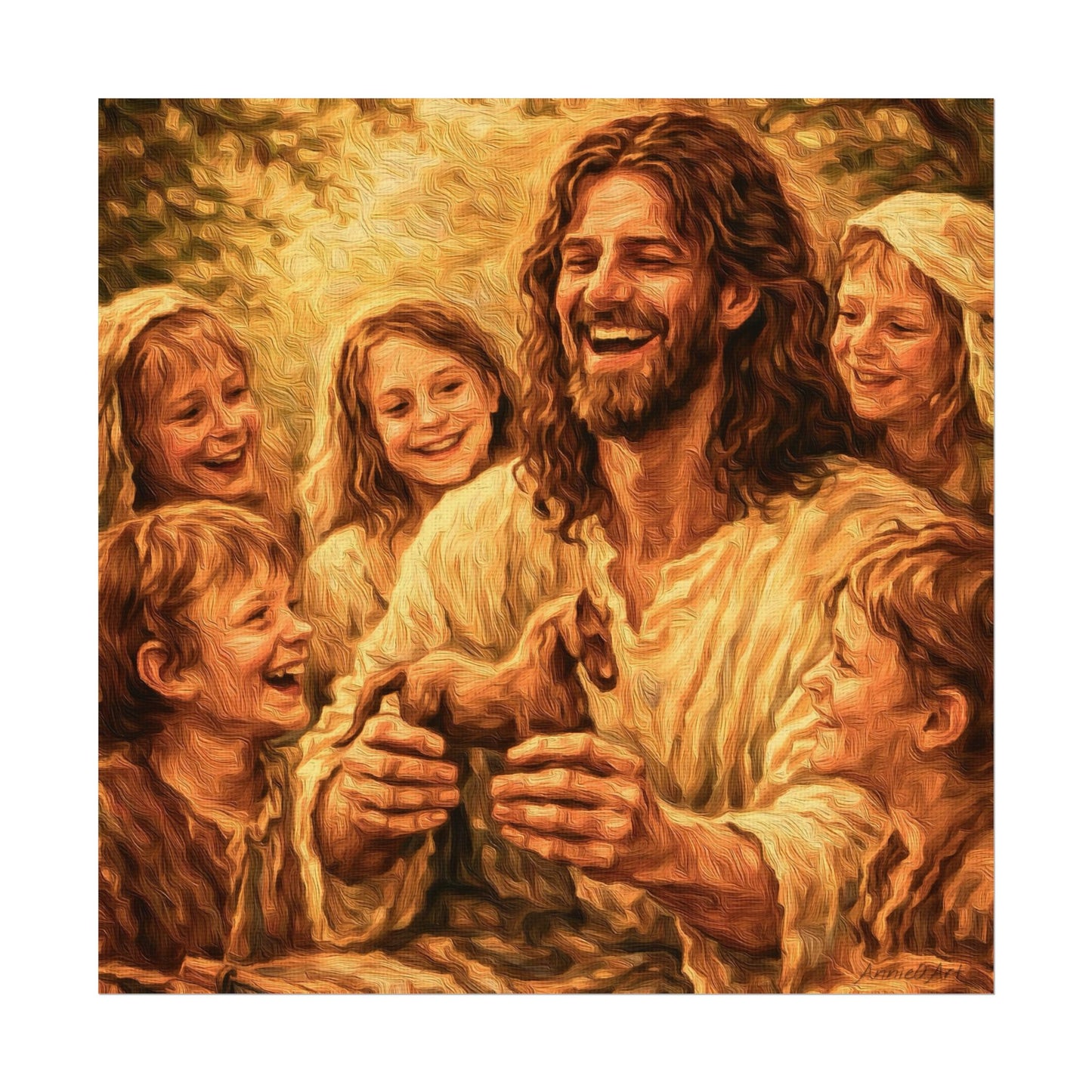 Jesus with Children Watercolor Poster — Textured Matte Religious Wall Art