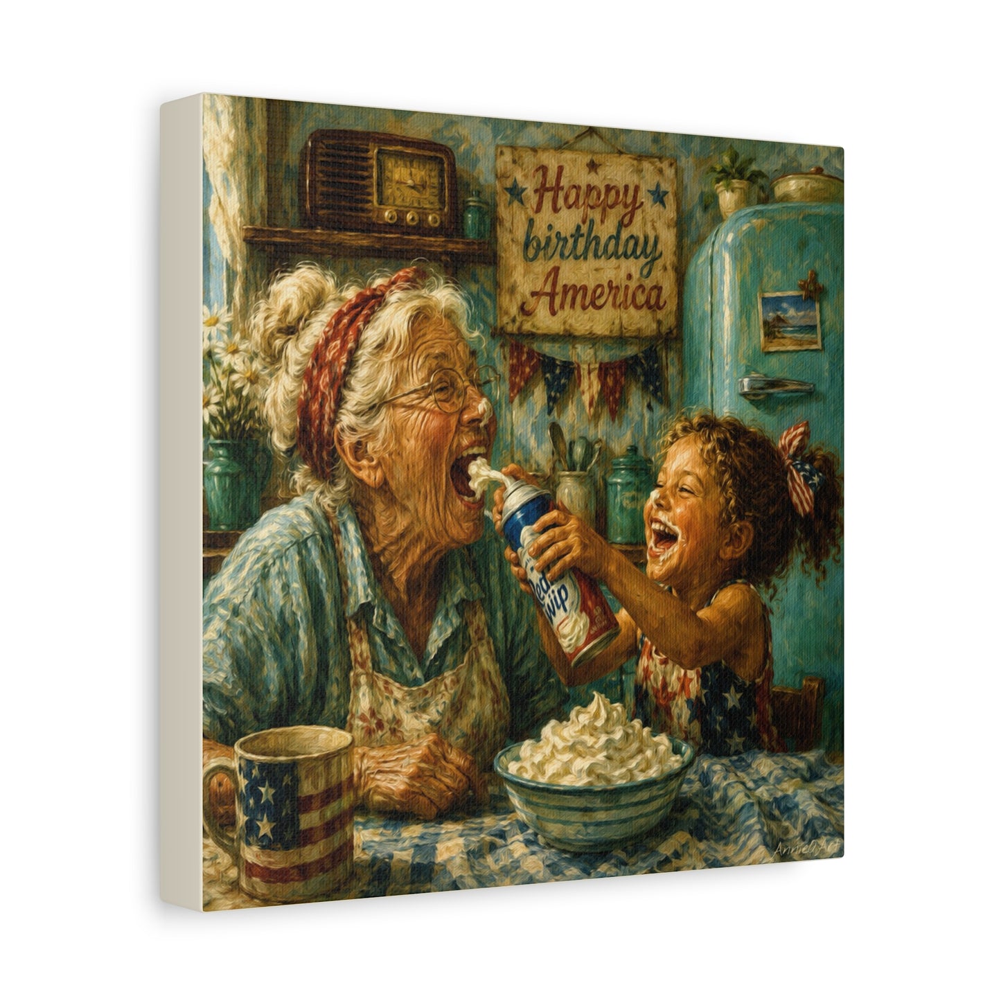 Happy Birthday America Canvas — Patriotic Grandma & Granddaughter Kitchen Wall Art