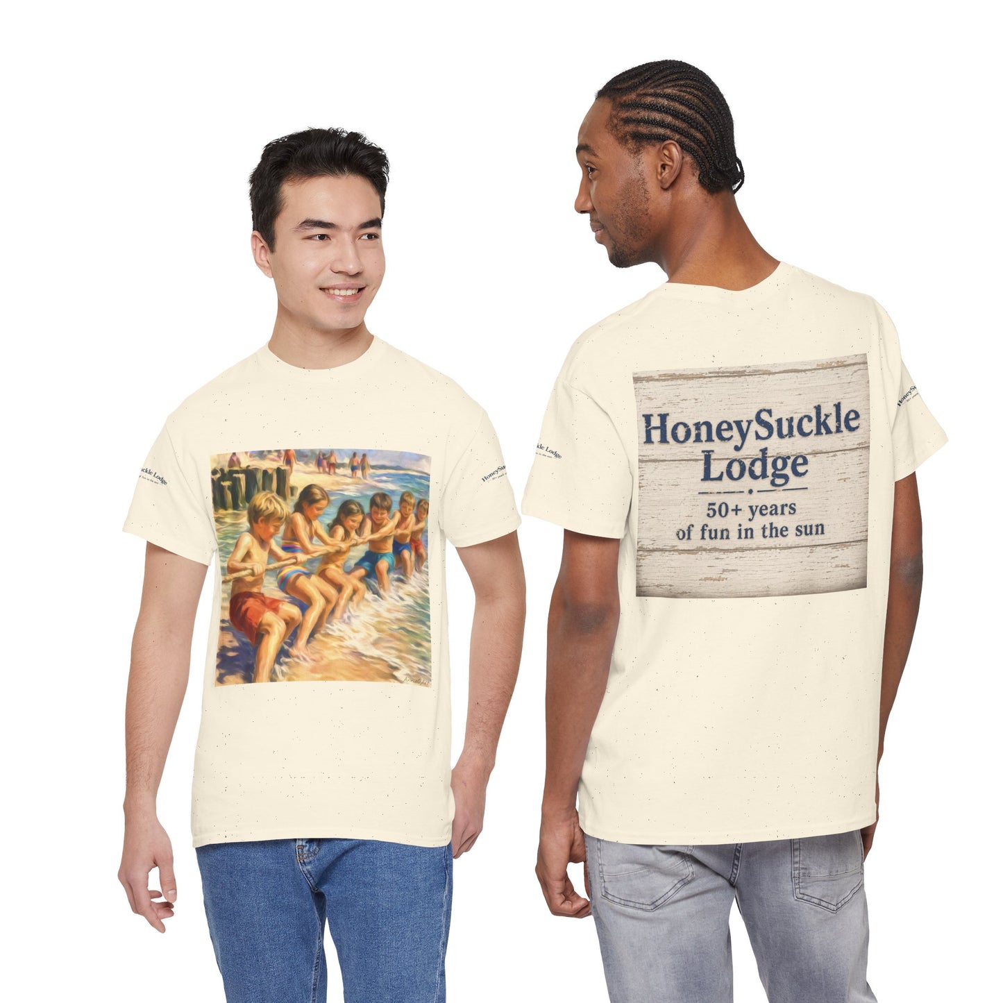 Honeysuckle Lodge Vintage Beach Print tee shirt front/back ("Honeysuckle Lodge - 50+ years of fun in the sun")