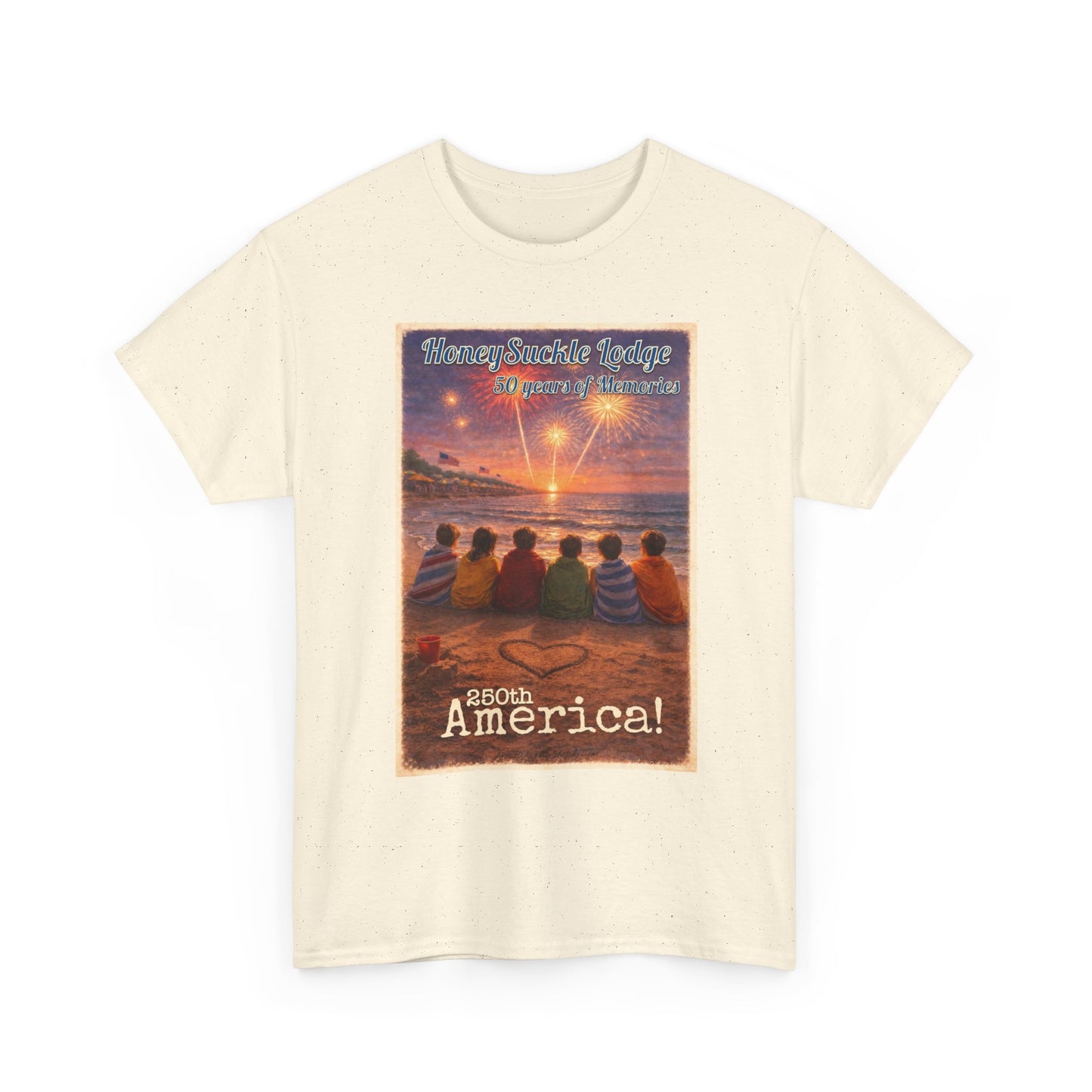HoneySuckle Lodge 50th—Patriotic Sunset Beach T‑Shirt – 'God Bless America' Vintage Kids Watching Fireworks