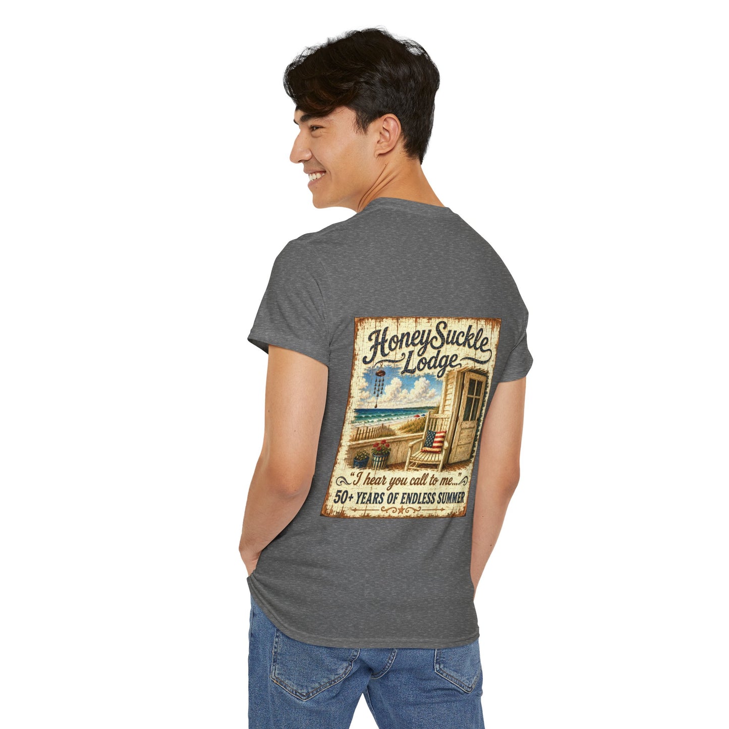 Vintage Beach T‑Shirt — 'Honeysuckle Lodge: 50+ Years of Endless Summer' Retro Seaside Tee
