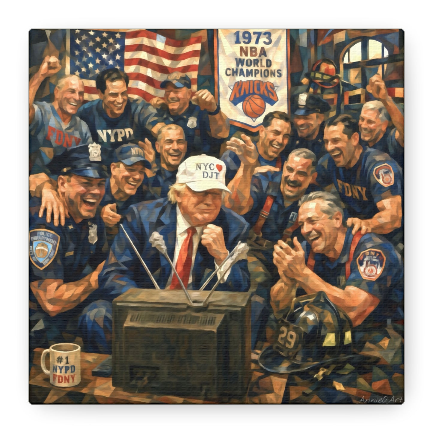 Trump Patriotic NYC Firefighters  Matte Stretched Canvas — Vintage NYPD Tribute Wall Art